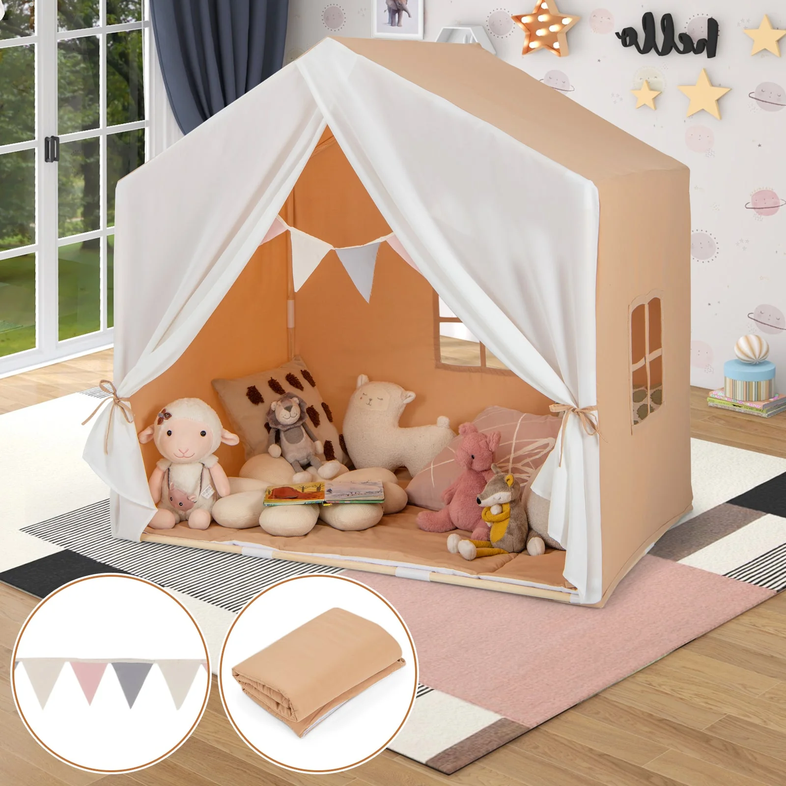 Kid's Play Tent with Washable Cotton Mat and Flag Banner-Orange - Image 2