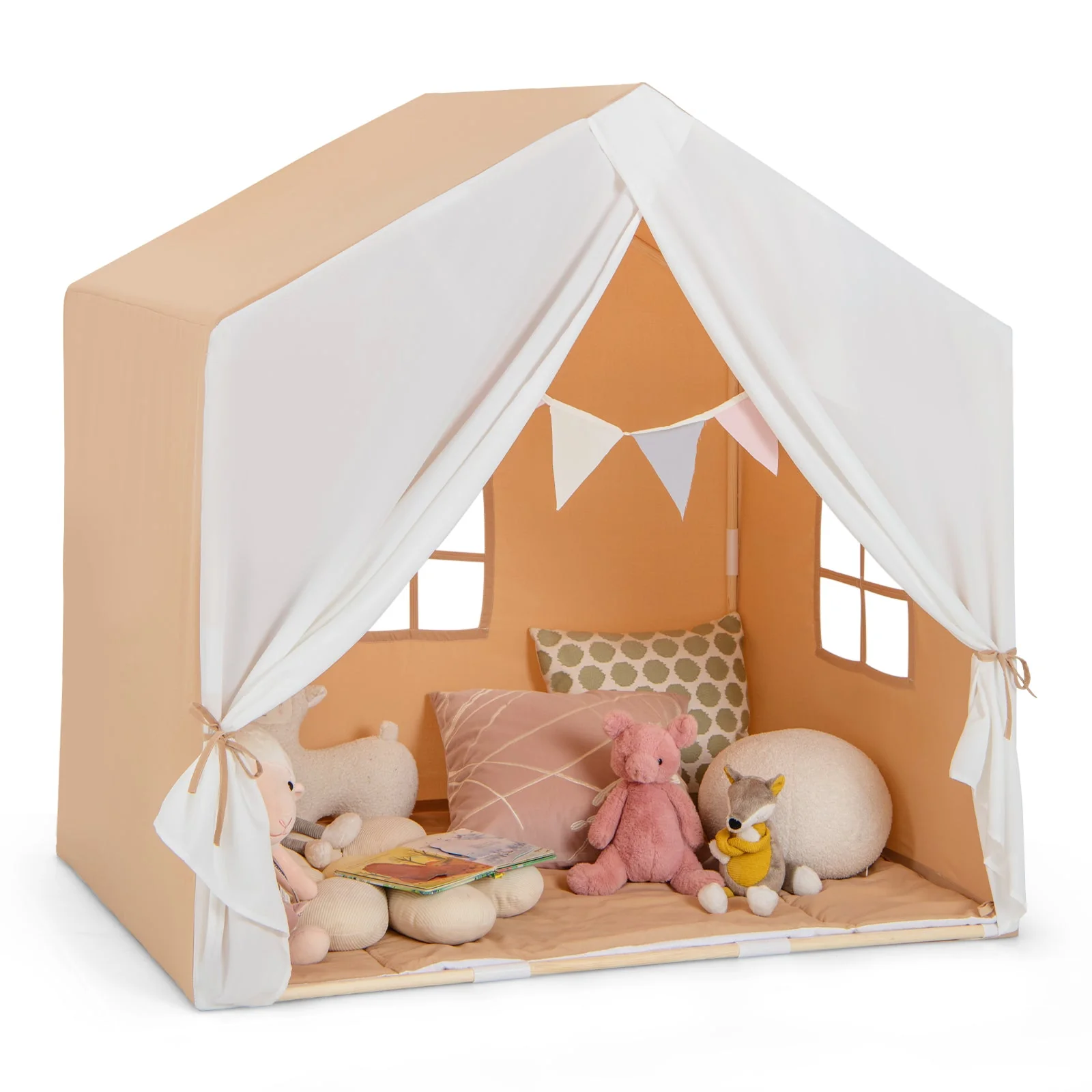 Kid's Play Tent with Washable Cotton Mat and Flag Banner-Orange - Image 3