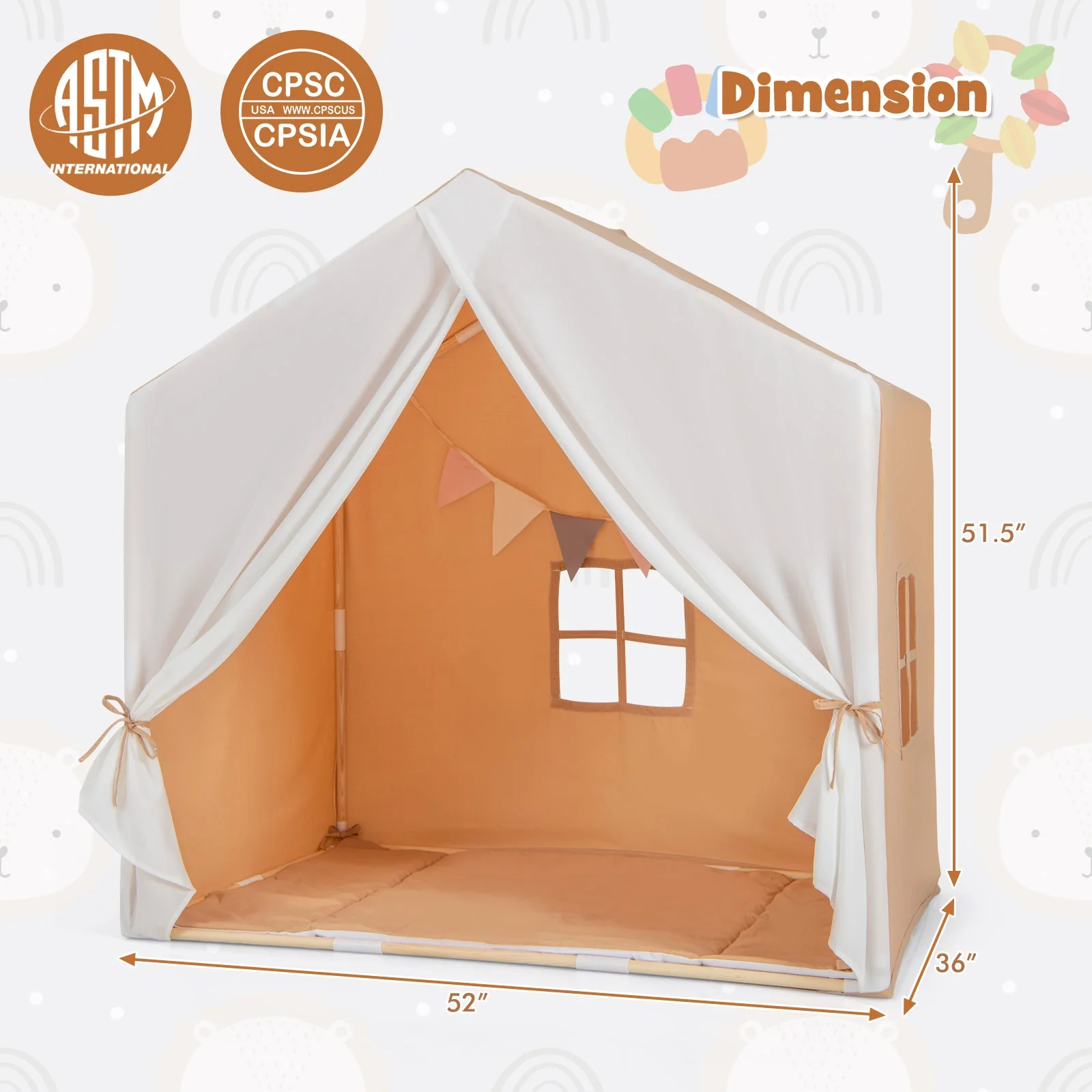 Kid's Play Tent with Washable Cotton Mat and Flag Banner-Orange - Image 4