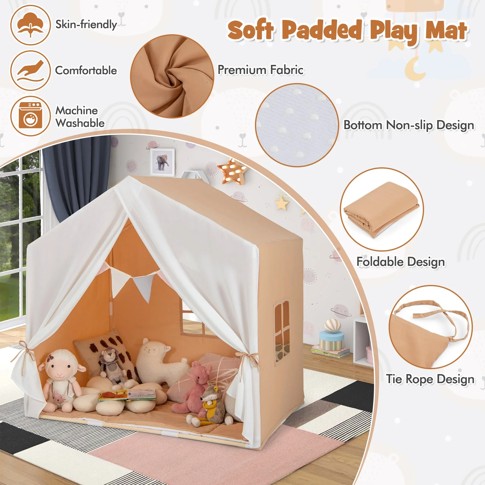 Kid's Play Tent with Washable Cotton Mat and Flag Banner-Orange - Image 5