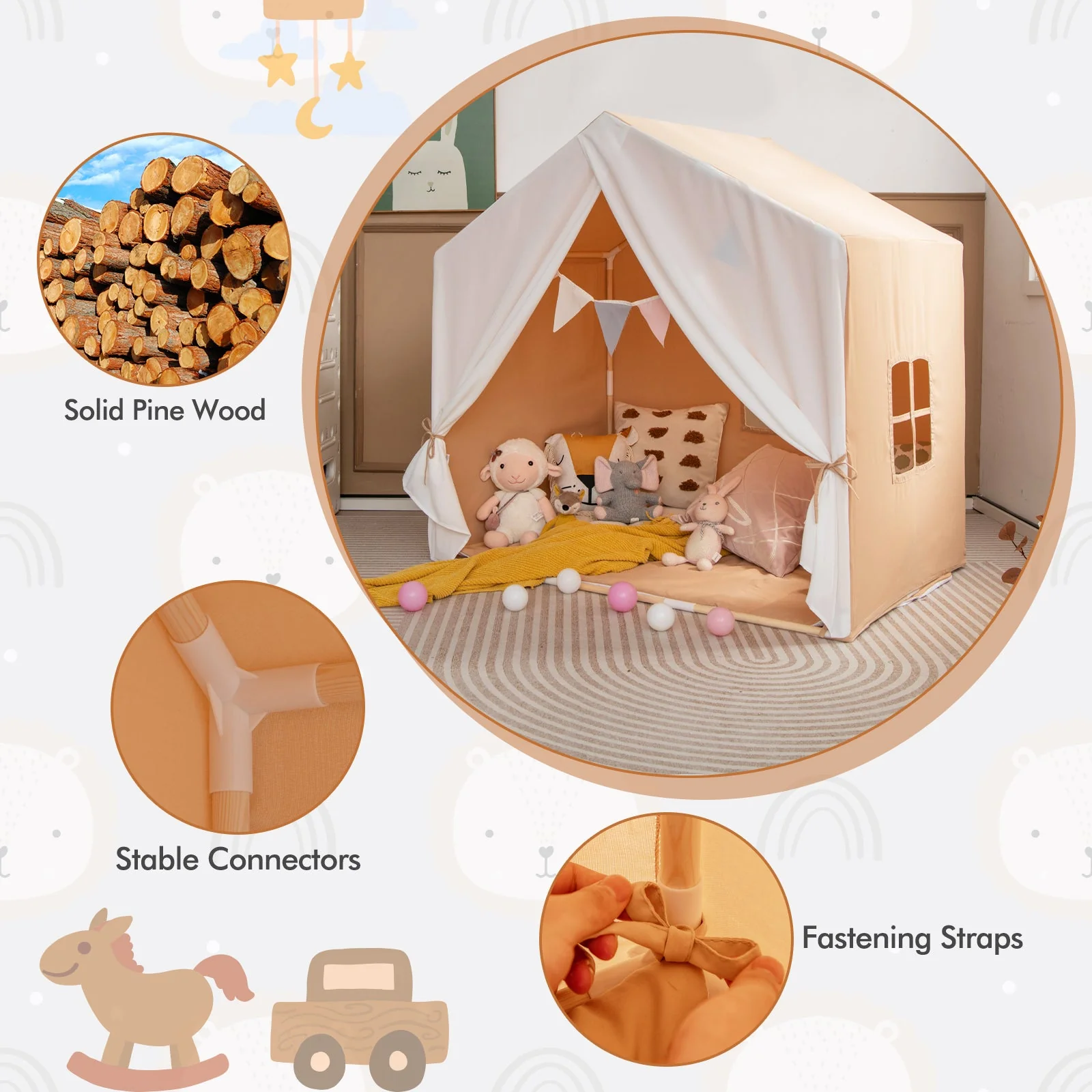 Kid's Play Tent with Washable Cotton Mat and Flag Banner-Orange - Image 6