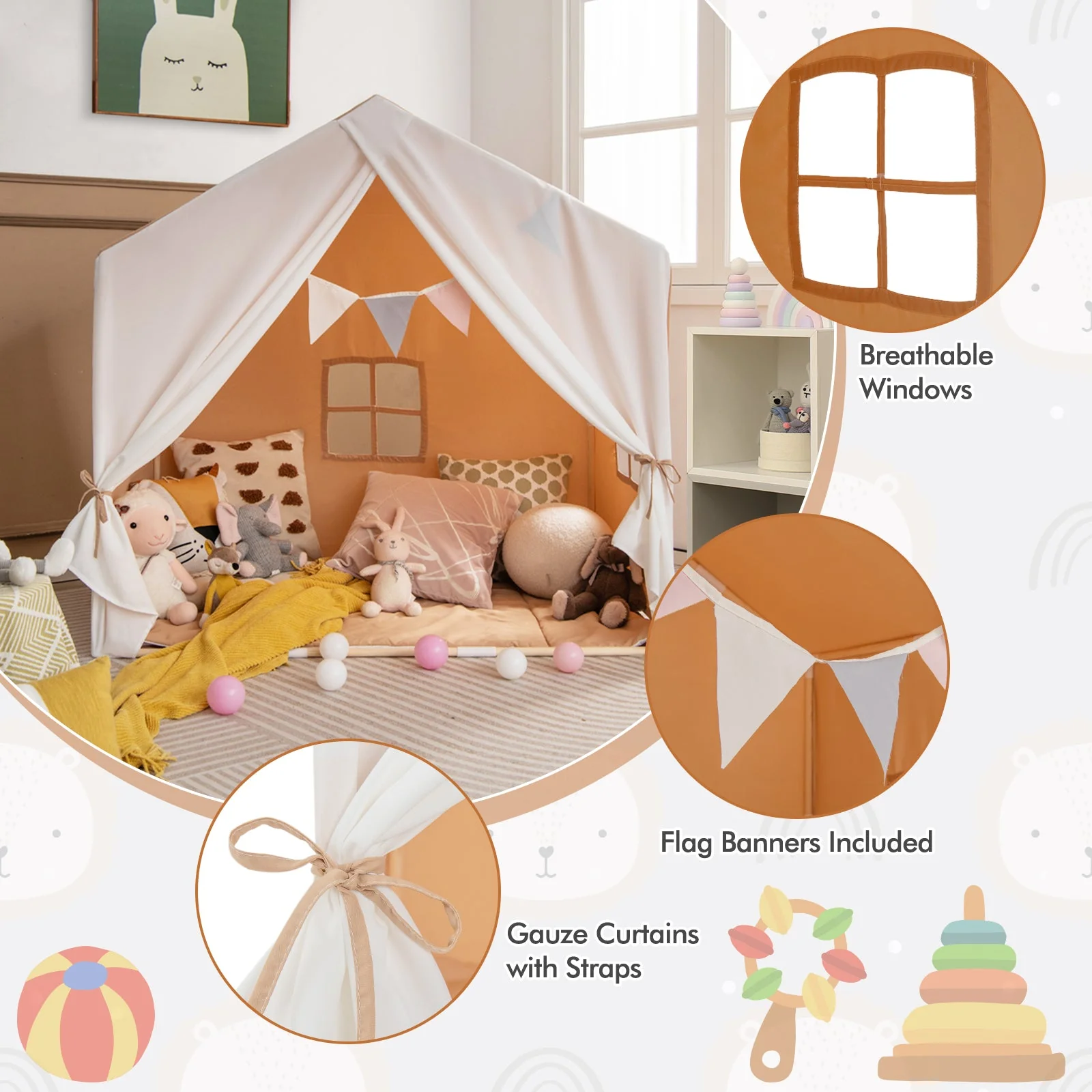 Kid's Play Tent with Washable Cotton Mat and Flag Banner-Orange - Image 7