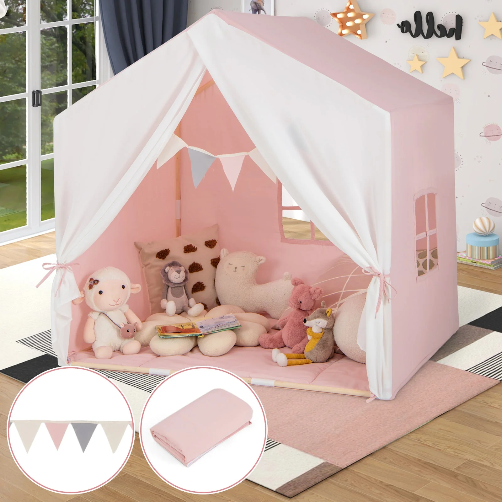 Kid's Play Tent with Washable Cotton Mat and Flag Banner-Pink - Image 2