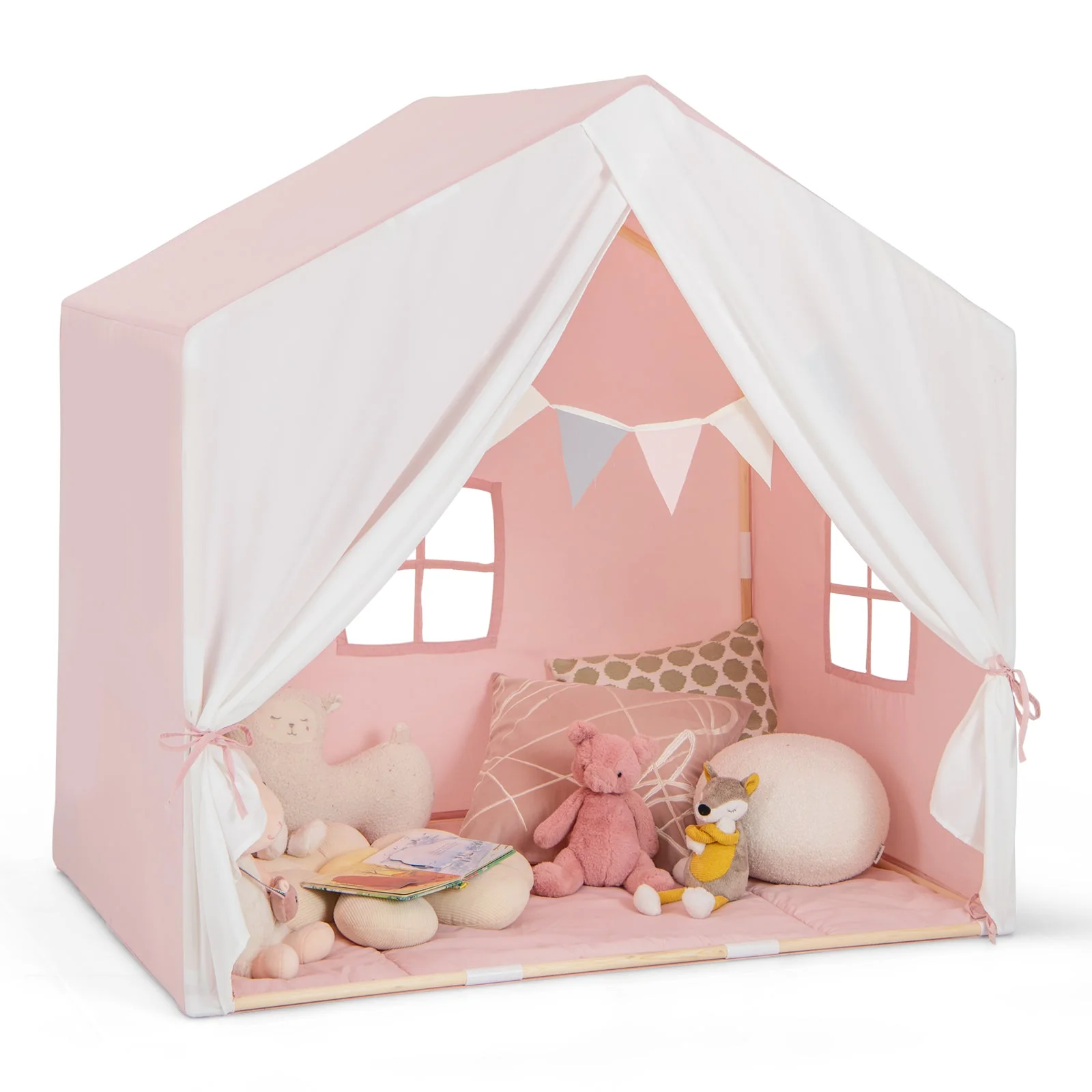 Kid's Play Tent with Washable Cotton Mat and Flag Banner-Pink - Image 3