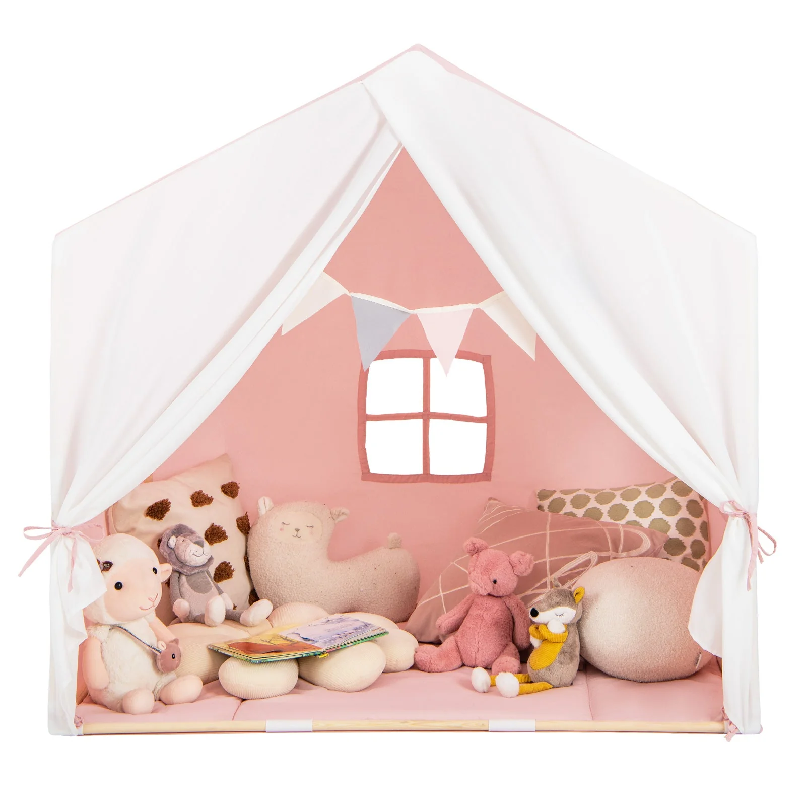 Kid's Play Tent with Washable Cotton Mat and Flag Banner-Pink - Image 4