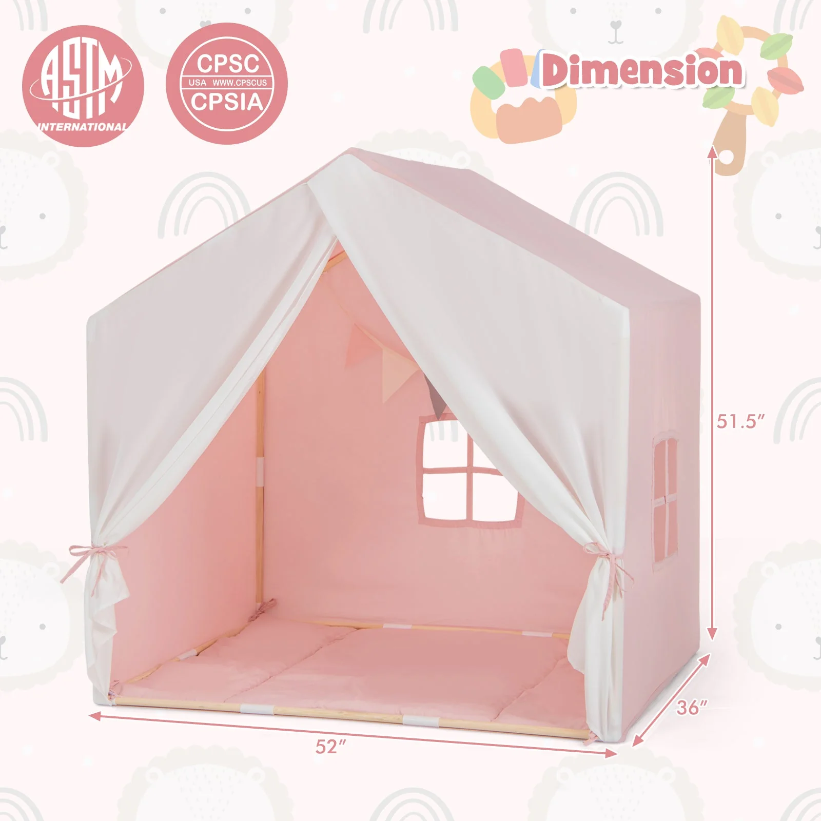 Kid's Play Tent with Washable Cotton Mat and Flag Banner-Pink - Image 5