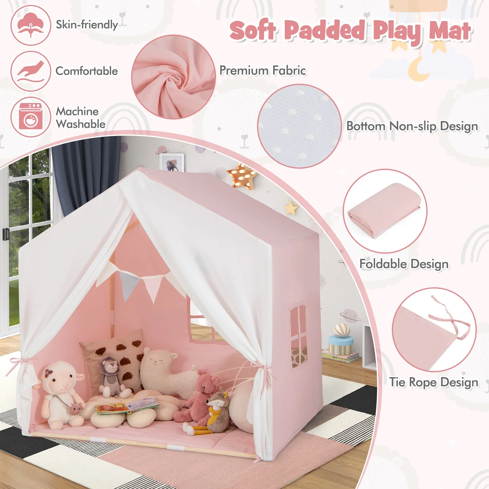 Kid's Play Tent with Washable Cotton Mat and Flag Banner-Pink - Image 6