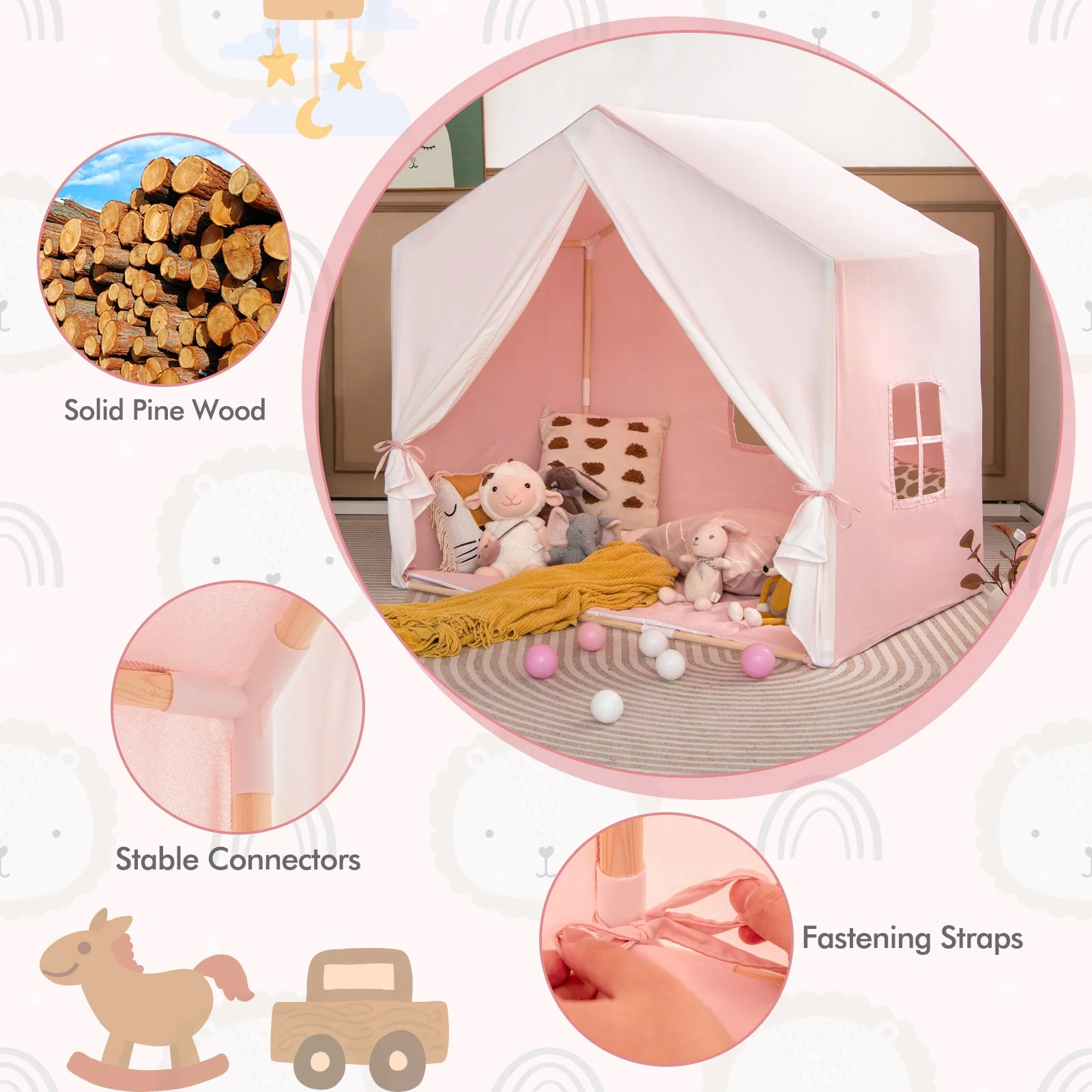 Kid's Play Tent with Washable Cotton Mat and Flag Banner-Pink - Image 7