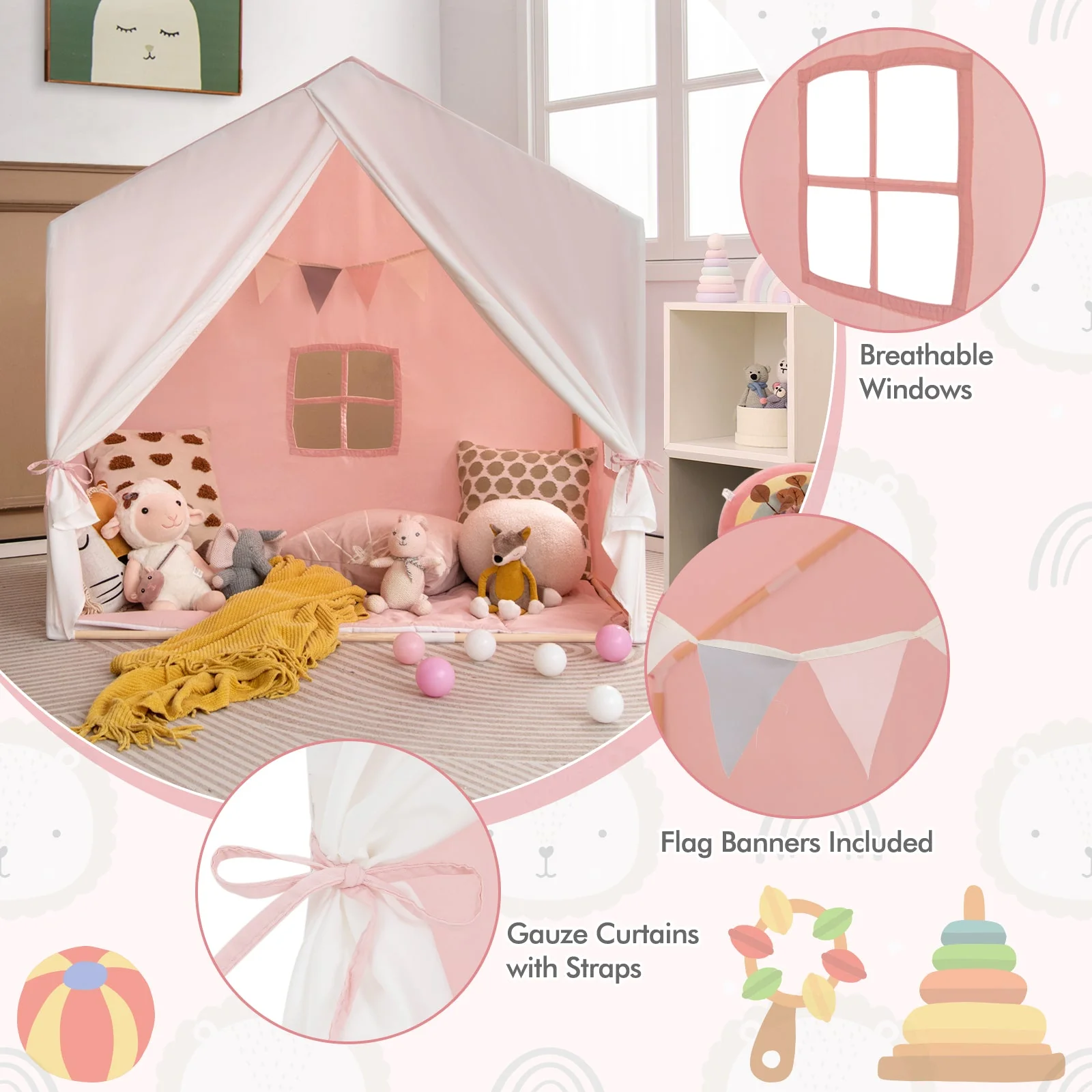 Kid's Play Tent with Washable Cotton Mat and Flag Banner-Pink - Image 8