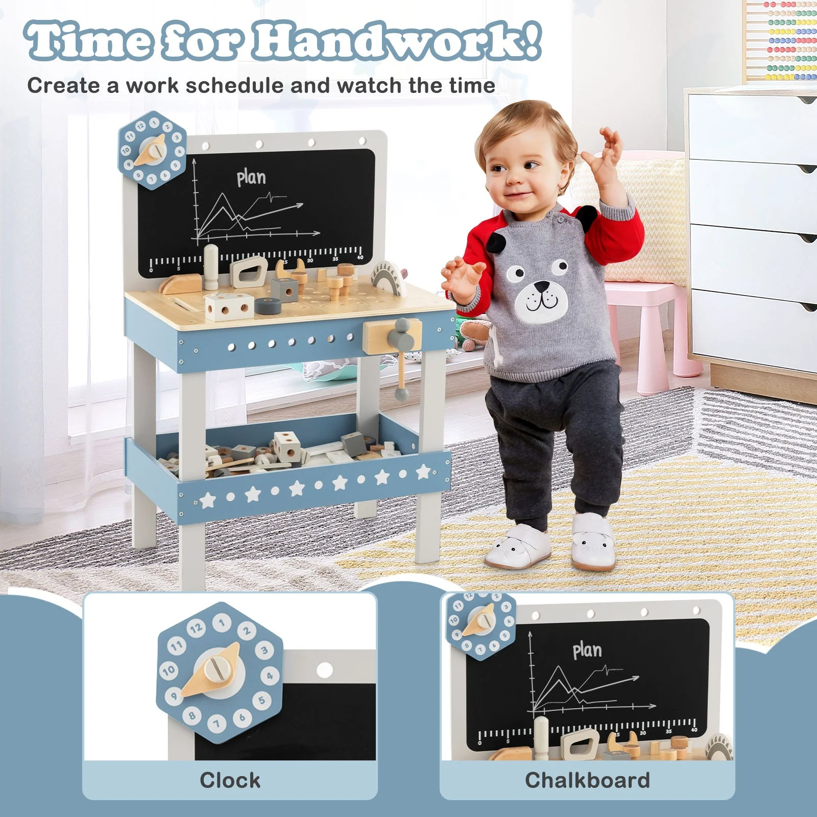 Kids Play Tool Workbench Set with 61 Pcs Tool and Parts Set-Blue - Image 6