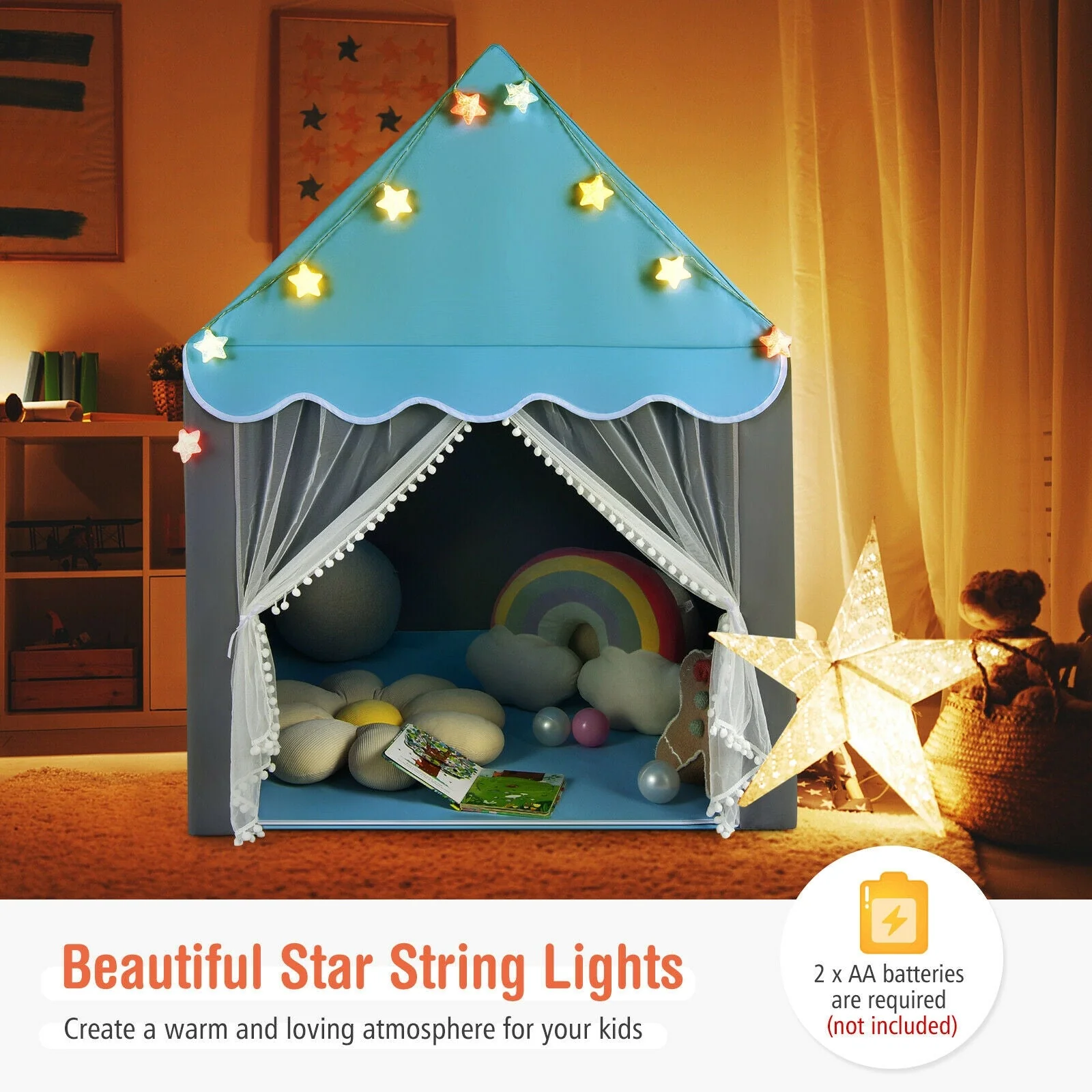 Kids Playhouse Tent with Colorful Star Lights and Mat-Blue - Image 2