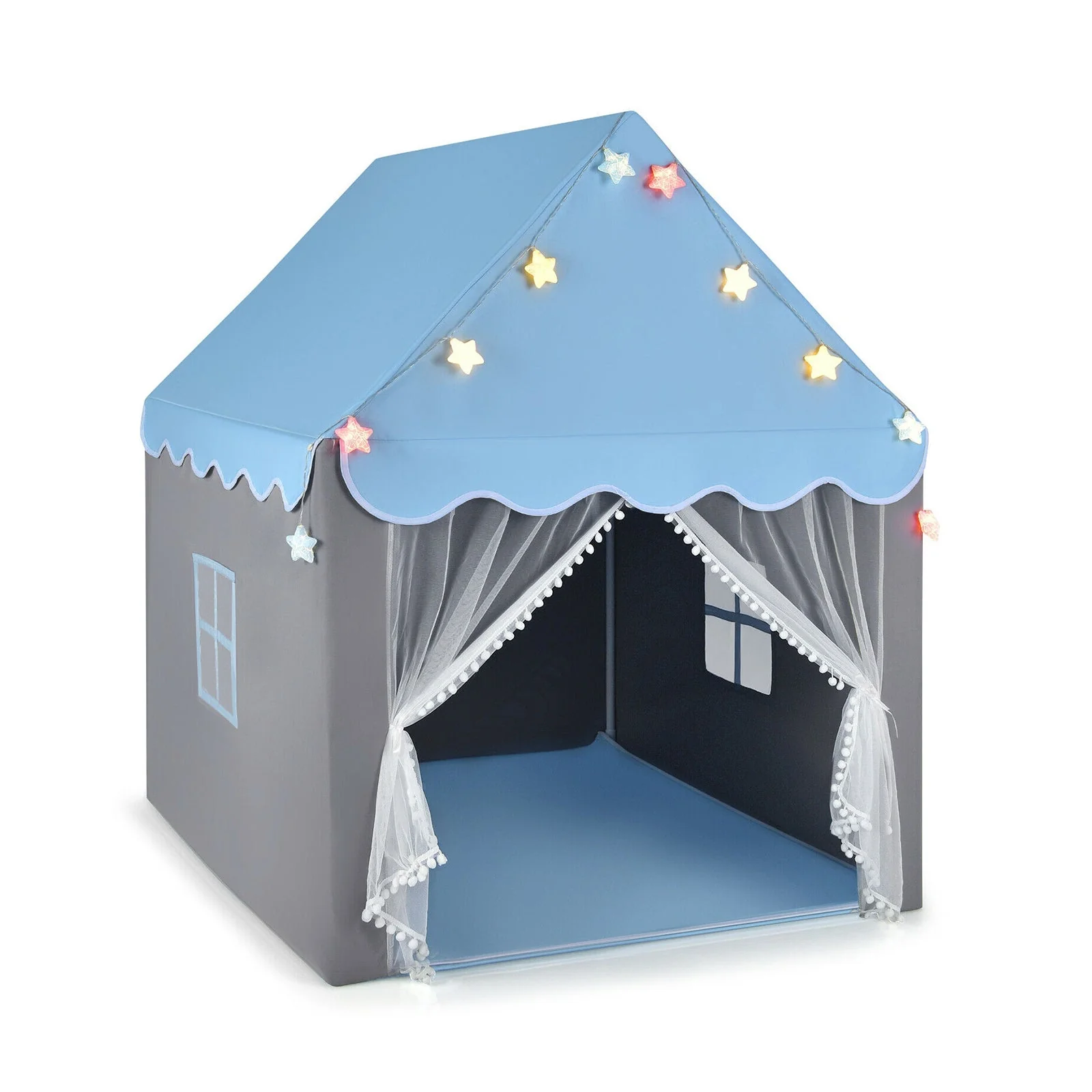 Kids Playhouse Tent with Colorful Star Lights and Mat-Blue - Image 3