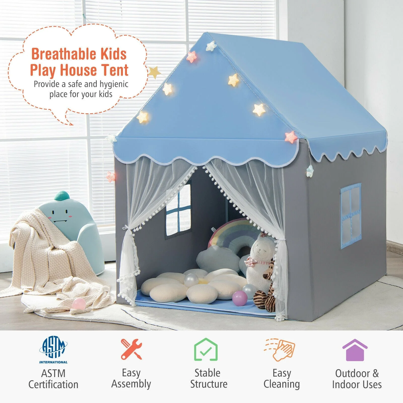 Kids Playhouse Tent with Colorful Star Lights and Mat-Blue - Image 6