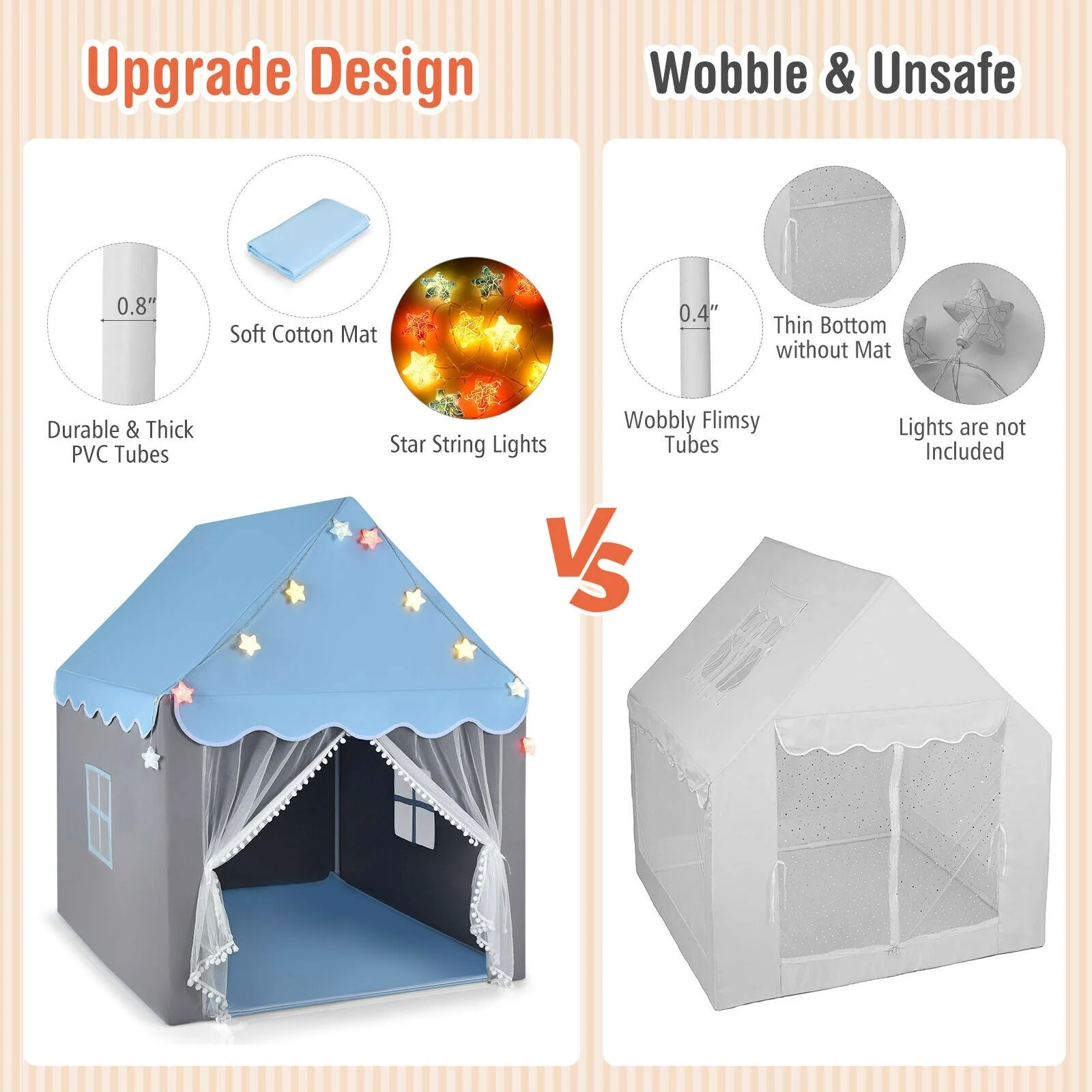 Kids Playhouse Tent with Colorful Star Lights and Mat-Blue - Image 7