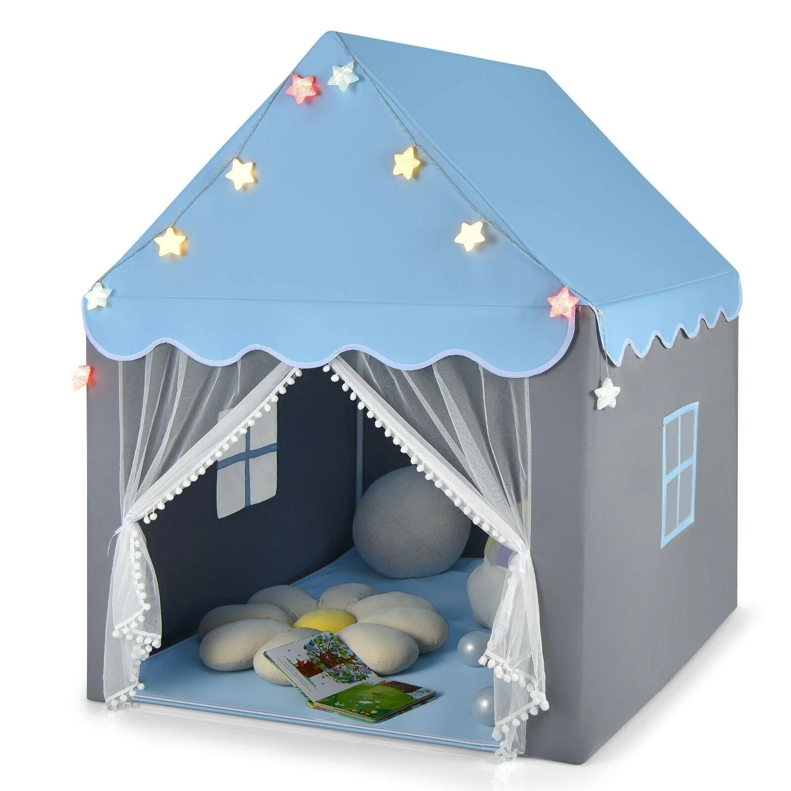 Kids Playhouse Tent with Colorful Star Lights and Mat-Blue - Image 8