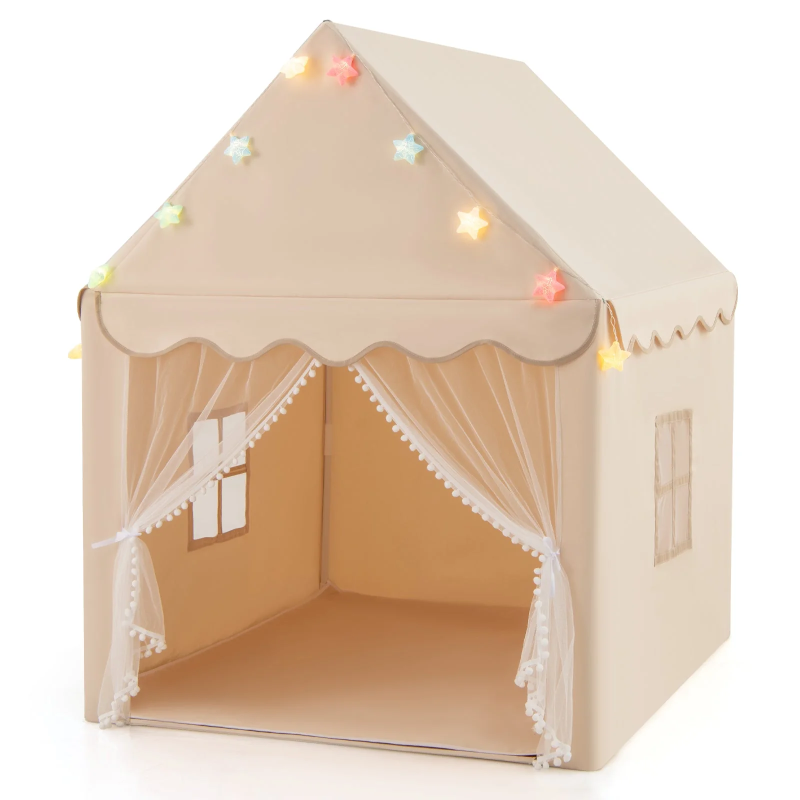 Kids Playhouse Tent with Star Lights and Mat-Beige - Image 2