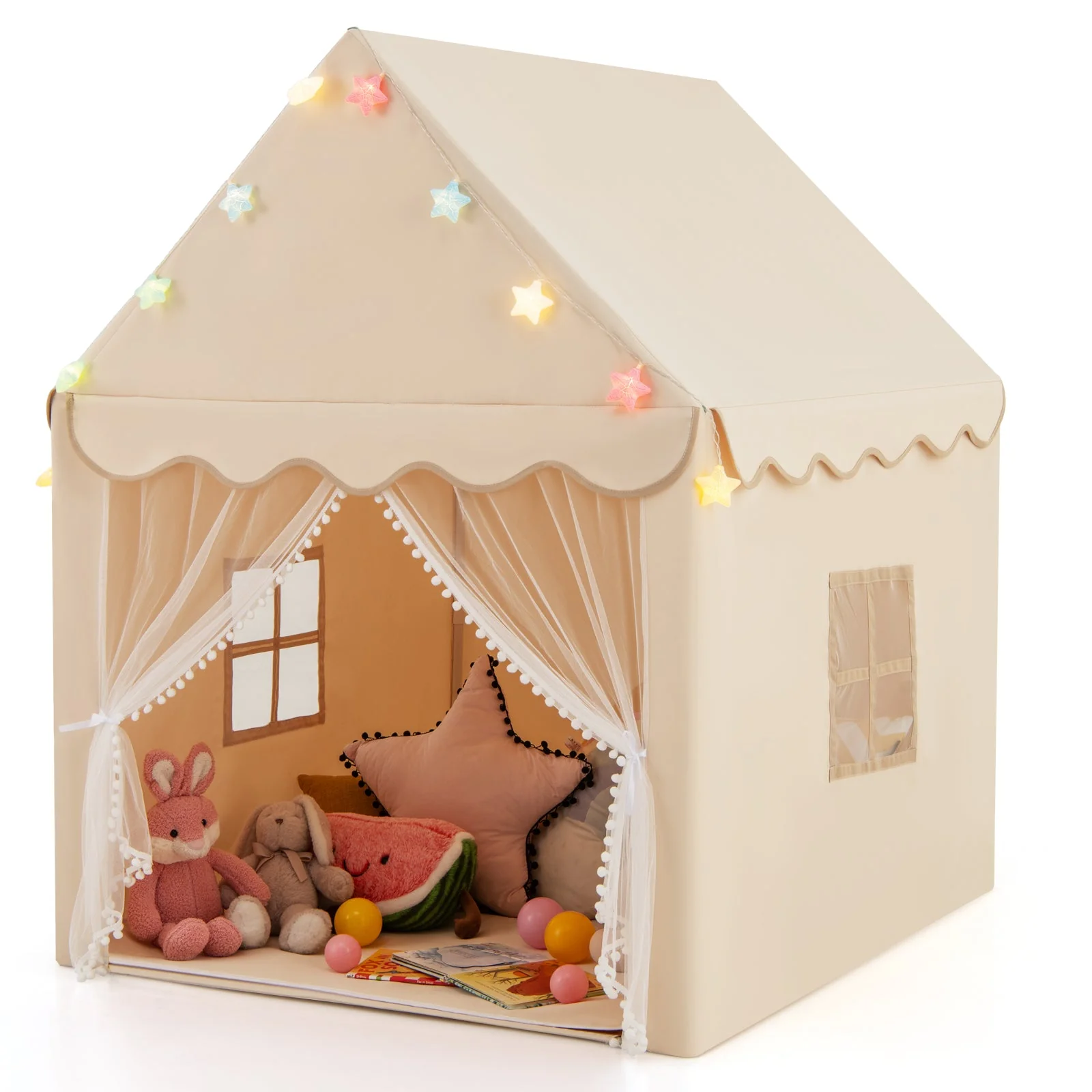 Kids Playhouse Tent with Star Lights and Mat-Beige - Image 3