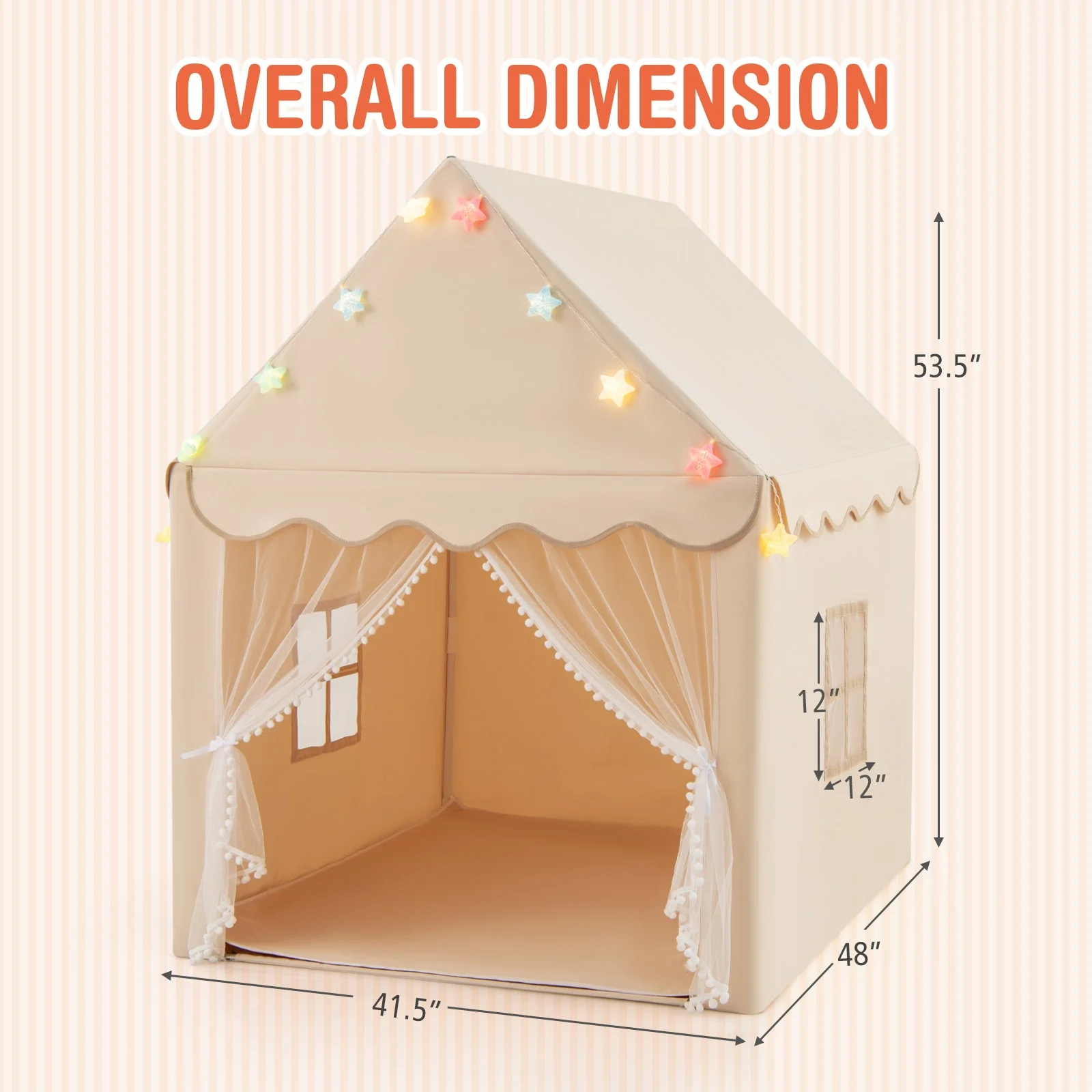 Kids Playhouse Tent with Star Lights and Mat-Beige - Image 4
