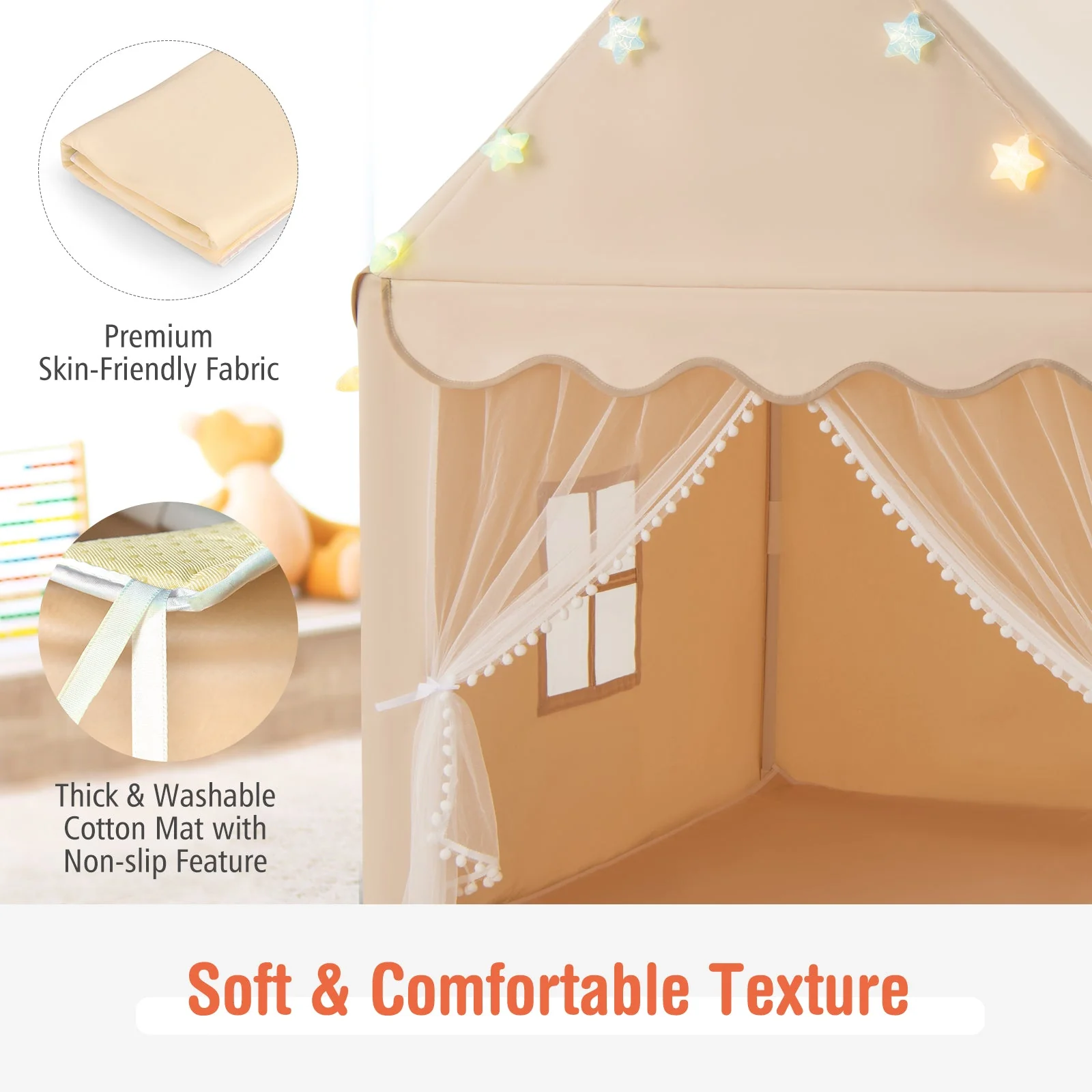 Kids Playhouse Tent with Star Lights and Mat-Beige - Image 5