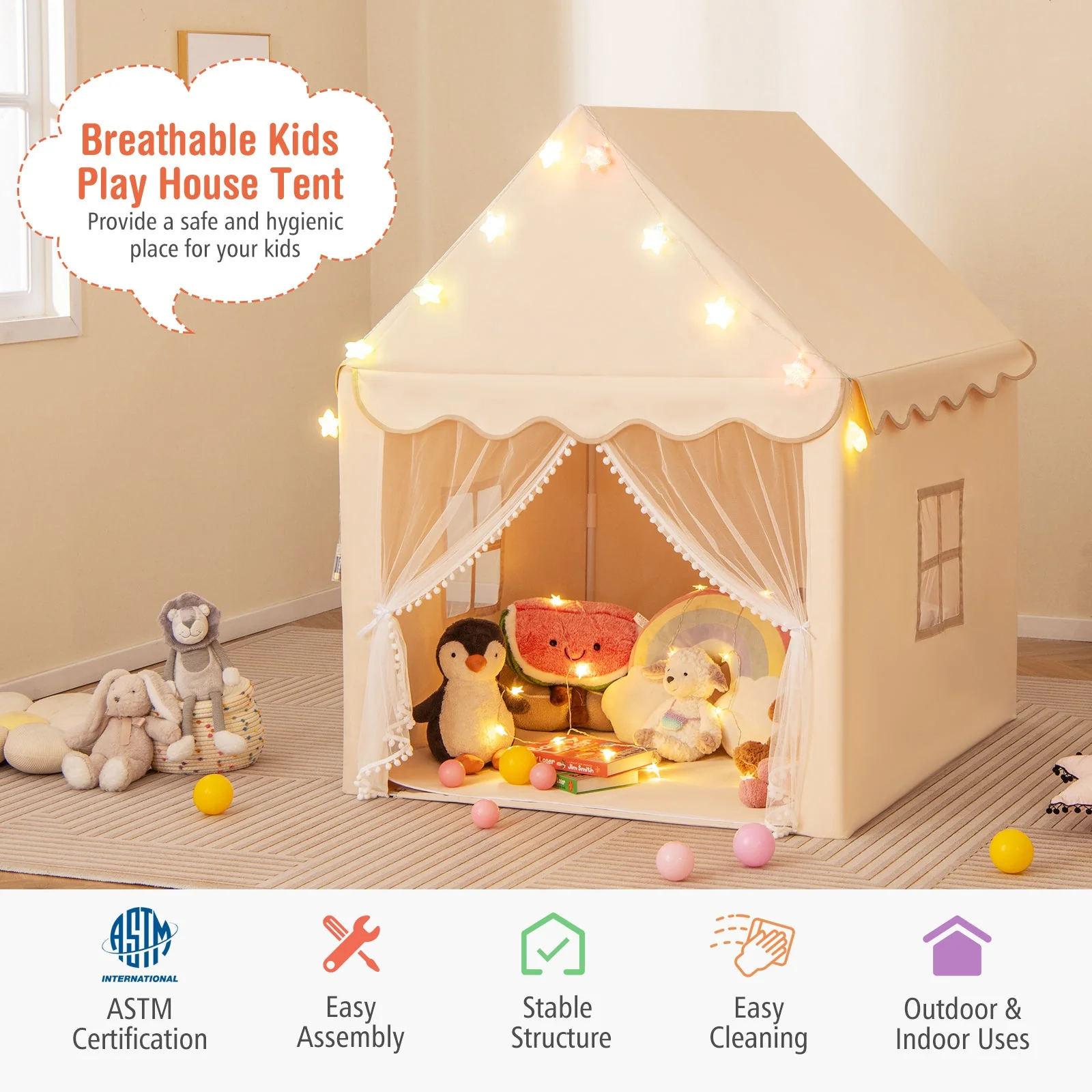 Kids Playhouse Tent with Star Lights and Mat-Beige - Image 6
