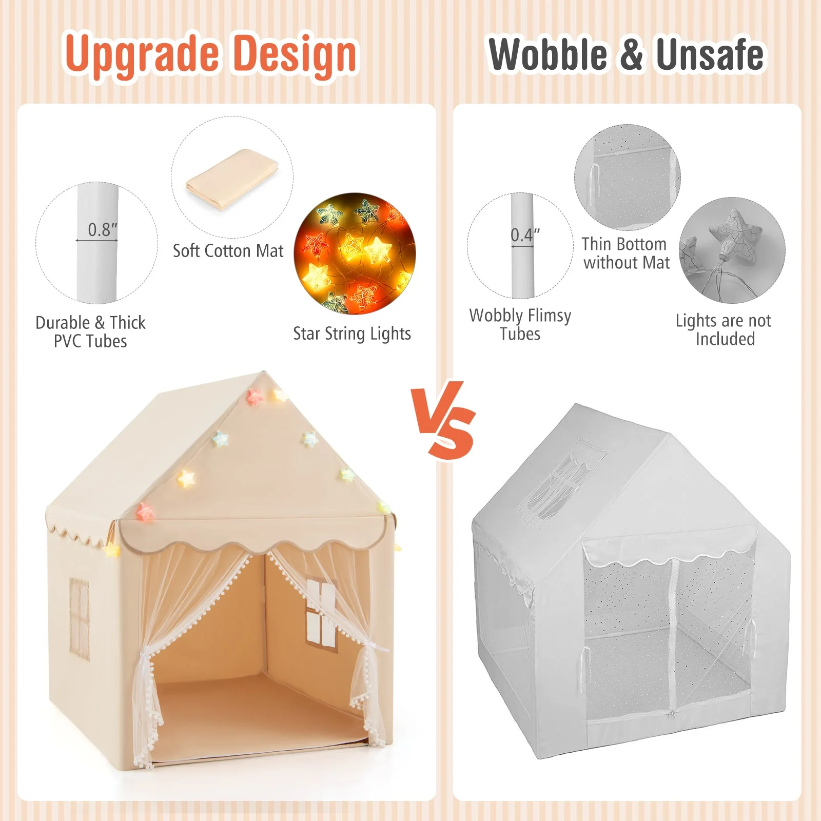 Kids Playhouse Tent with Star Lights and Mat-Beige - Image 7