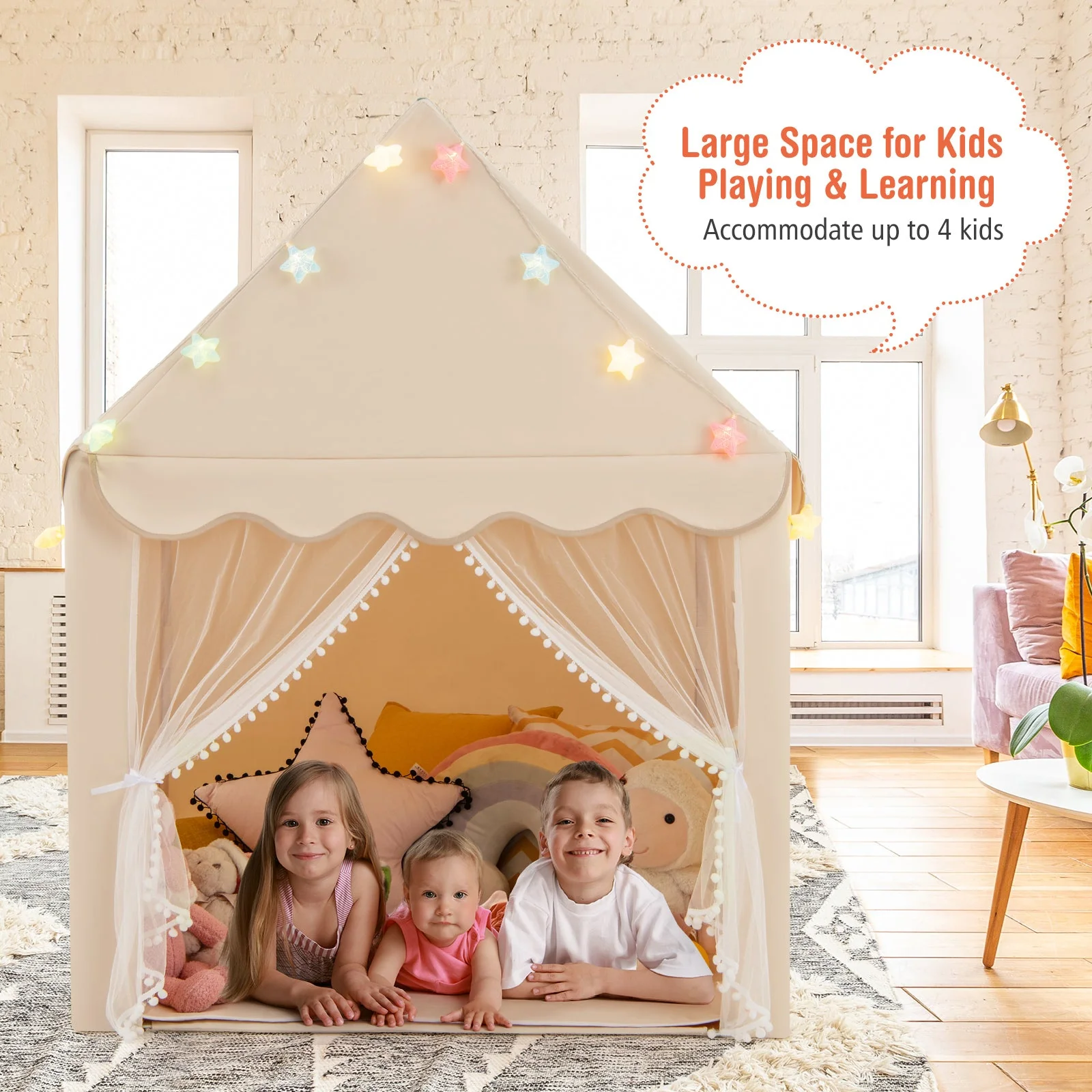 Kids Playhouse Tent with Star Lights and Mat-Beige - Image 8