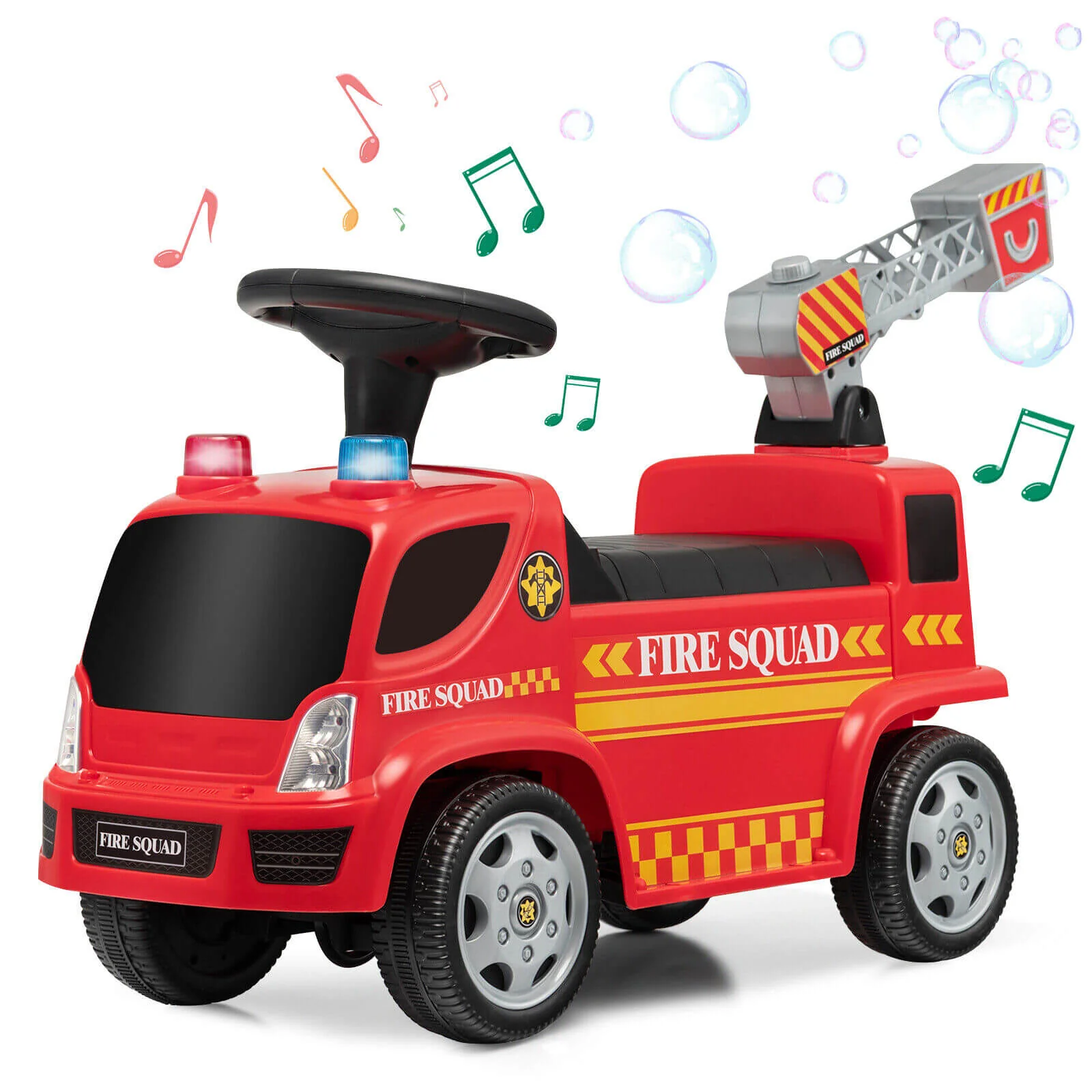 Kids Push Ride On Fire Truck with Ladder Bubble Maker and Headlights-Red - Image 3