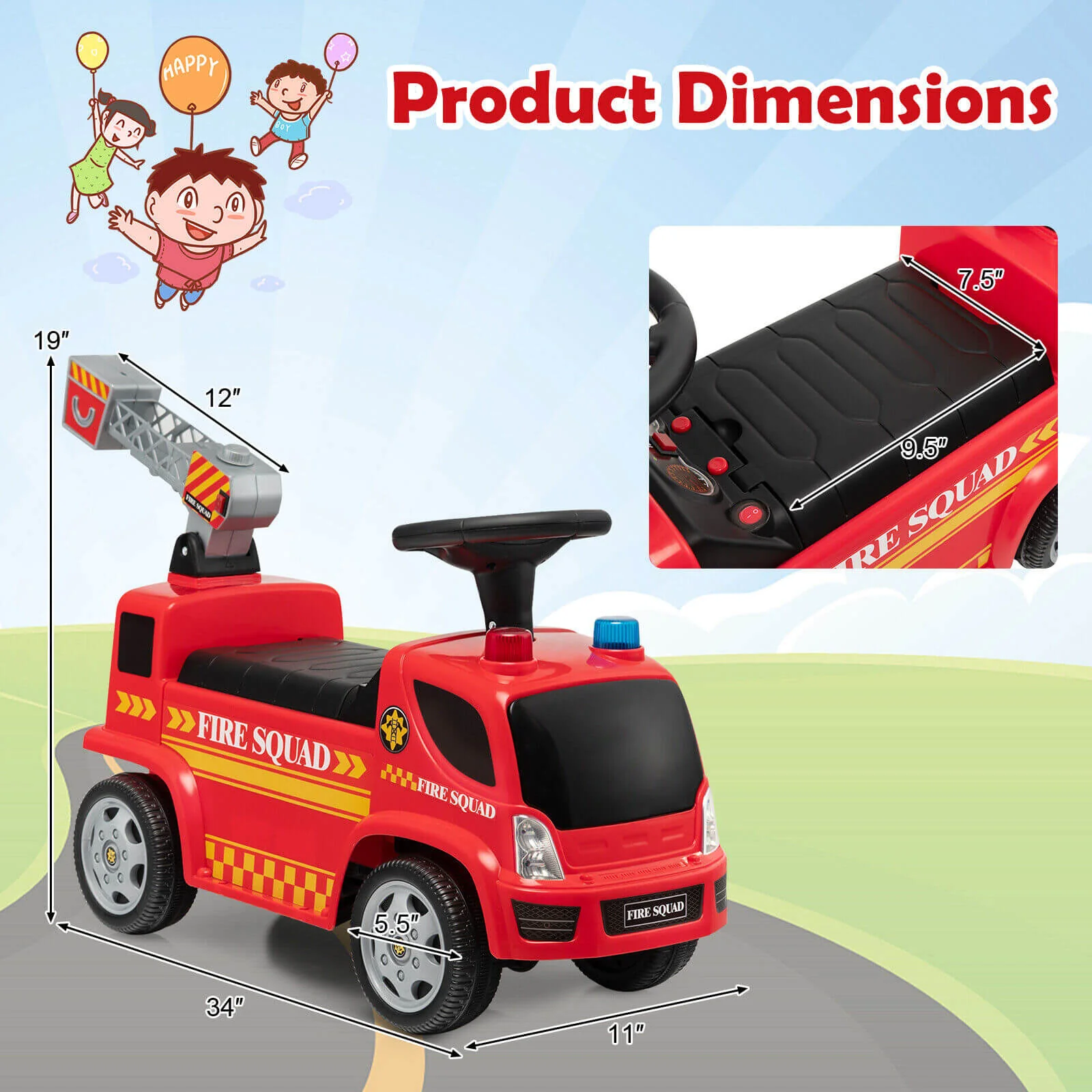 Kids Push Ride On Fire Truck with Ladder Bubble Maker and Headlights-Red - Image 4
