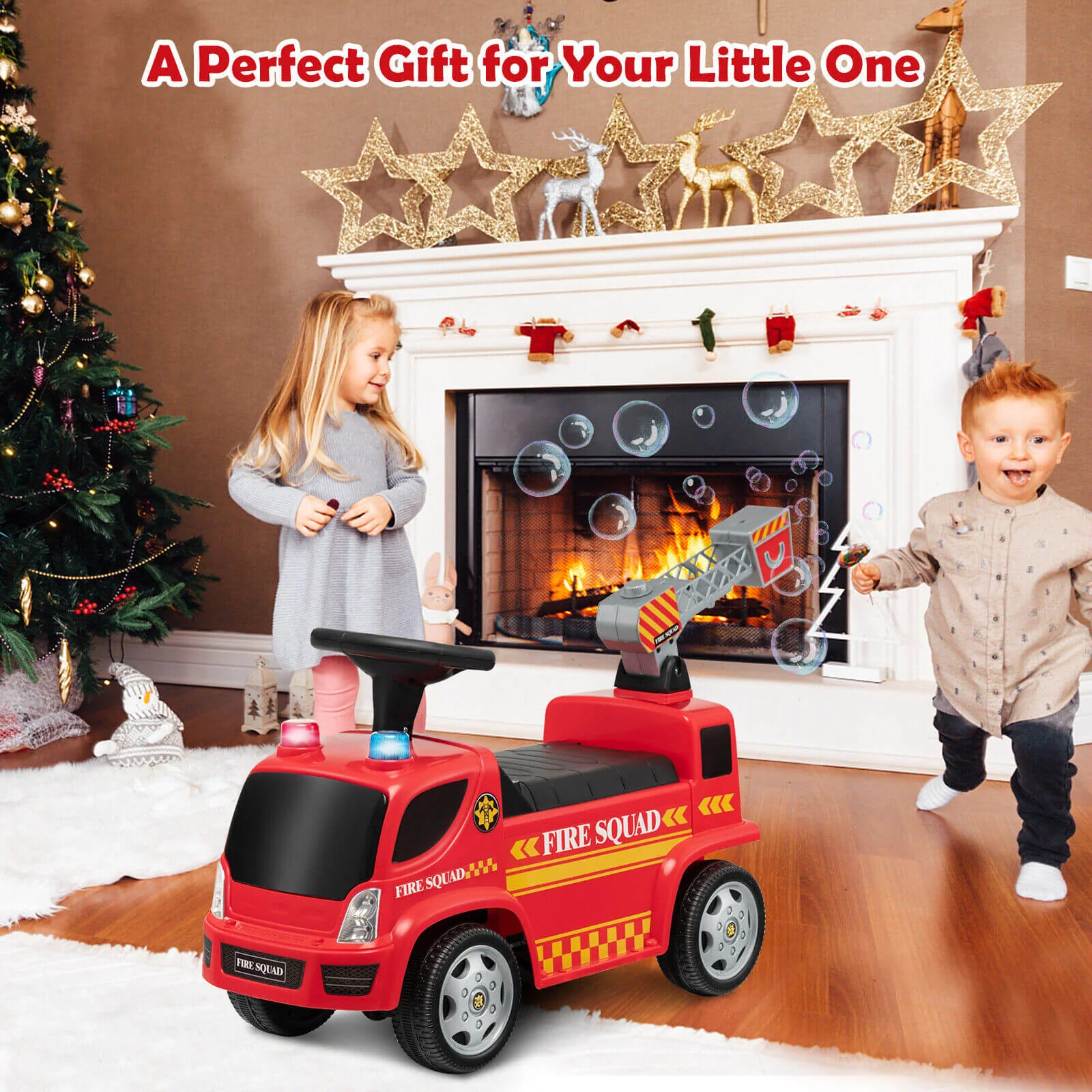 Kids Push Ride On Fire Truck with Ladder Bubble Maker and Headlights-Red - Image 5