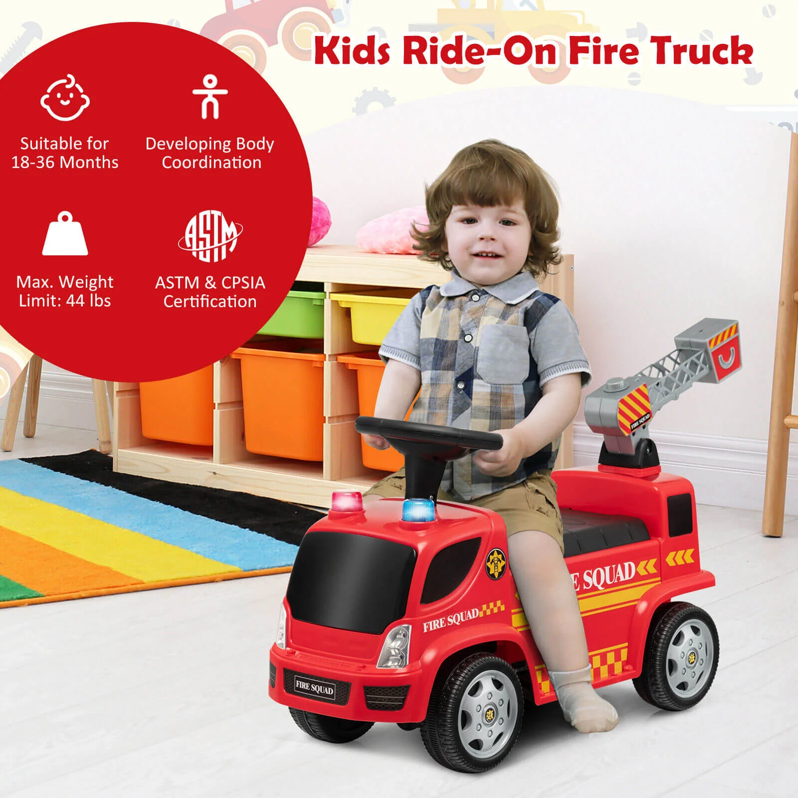 Kids Push Ride On Fire Truck with Ladder Bubble Maker and Headlights-Red - Image 6