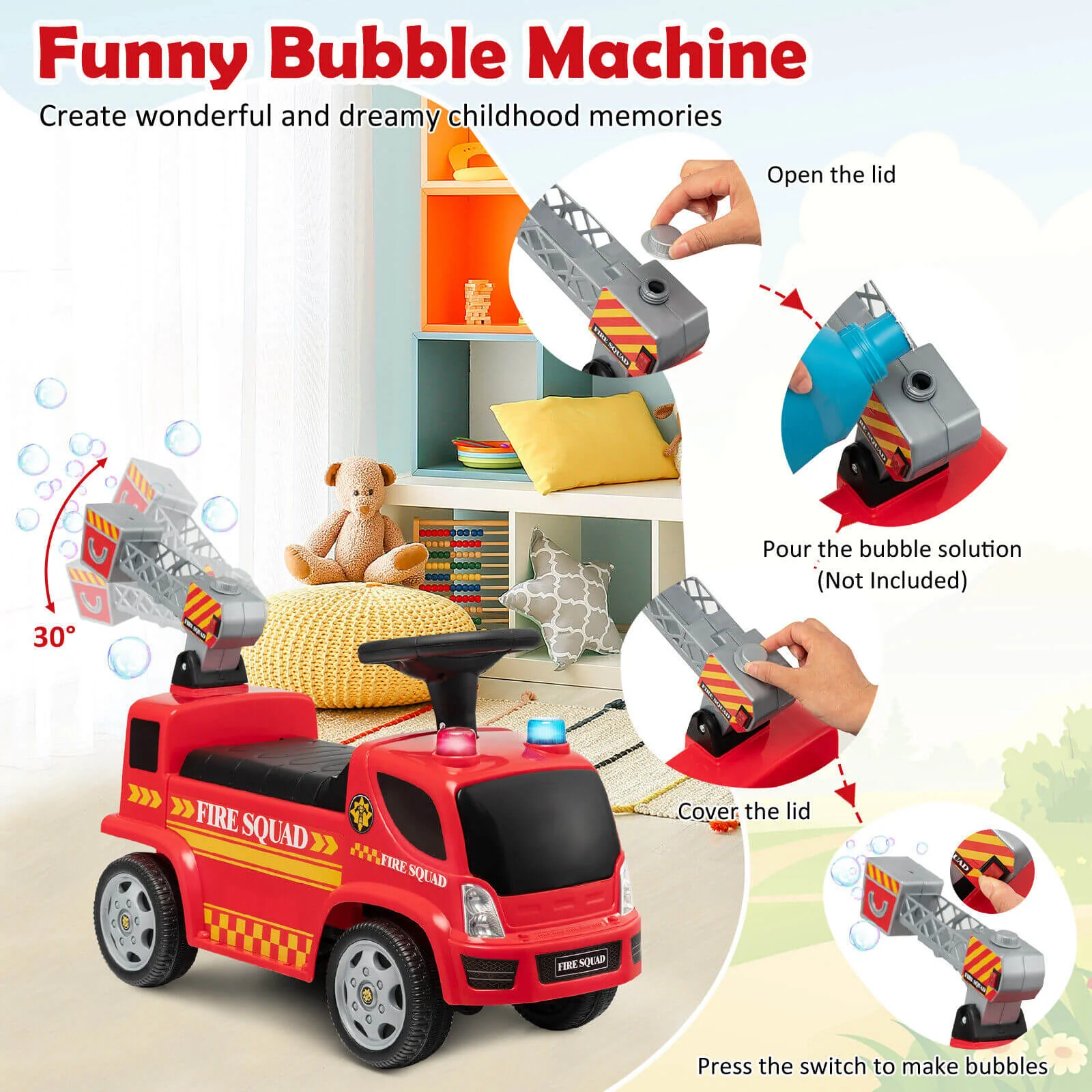 Kids Push Ride On Fire Truck with Ladder Bubble Maker and Headlights-Red - Image 7