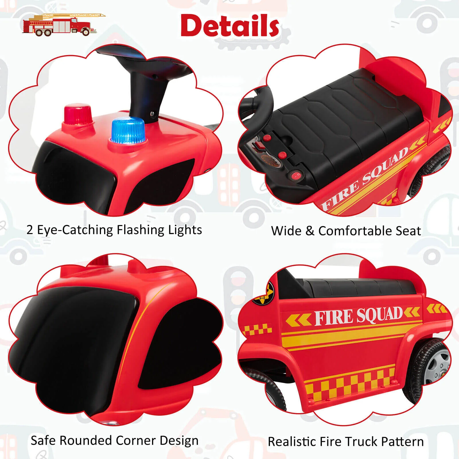 Kids Push Ride On Fire Truck with Ladder Bubble Maker and Headlights-Red - Image 8