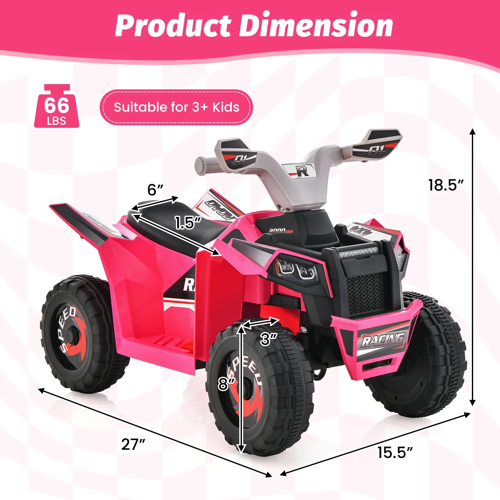 Kids Ride on ATV 4 Wheeler Quad Toy Car with Direction Control-Pink - Image 5