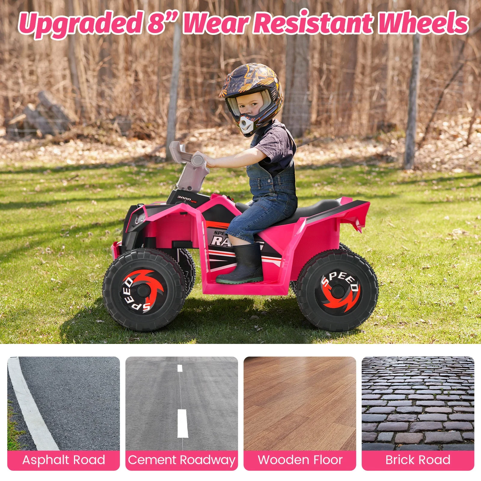 Kids Ride on ATV 4 Wheeler Quad Toy Car with Direction Control-Pink - Image 7