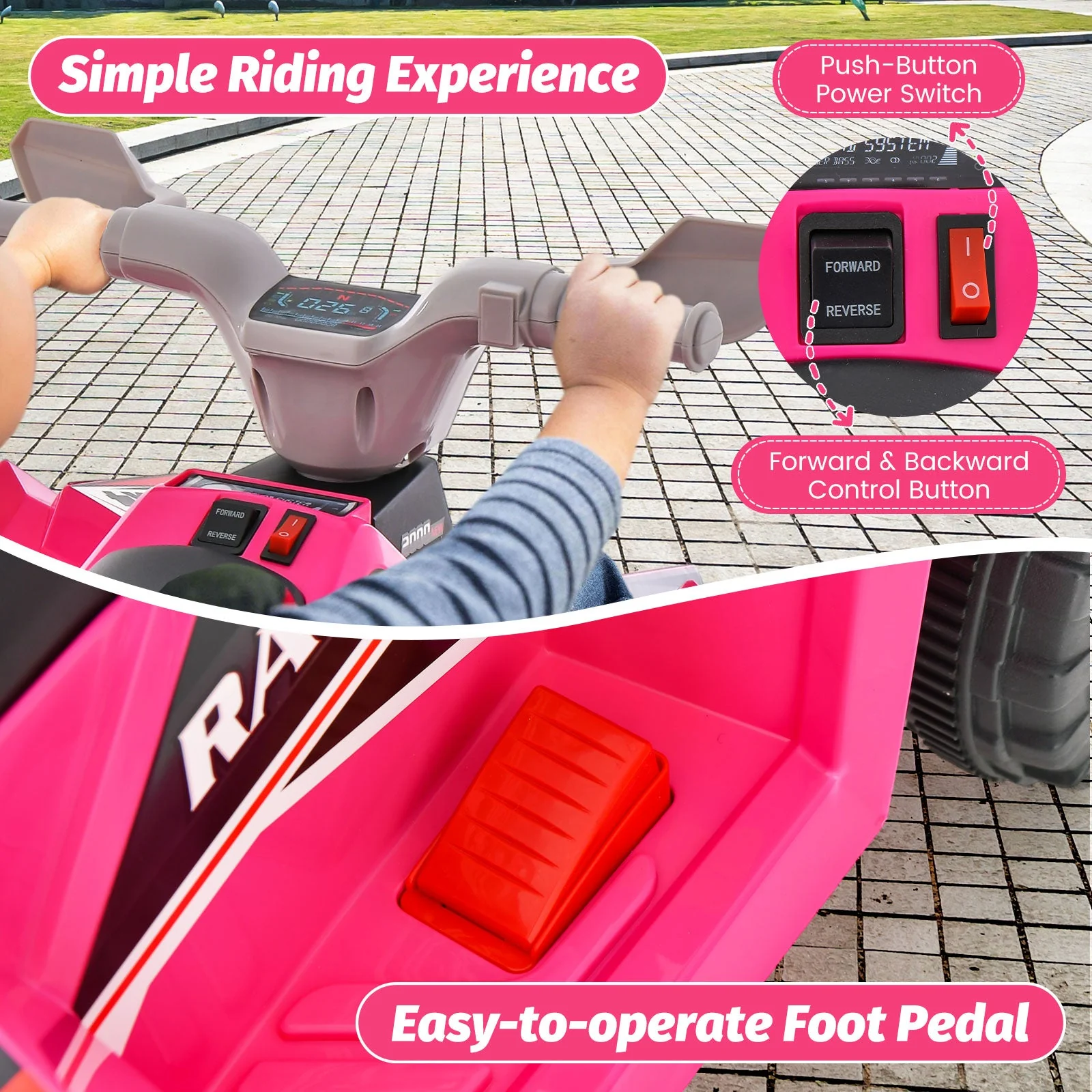 Kids Ride on ATV 4 Wheeler Quad Toy Car with Direction Control-Pink - Image 8
