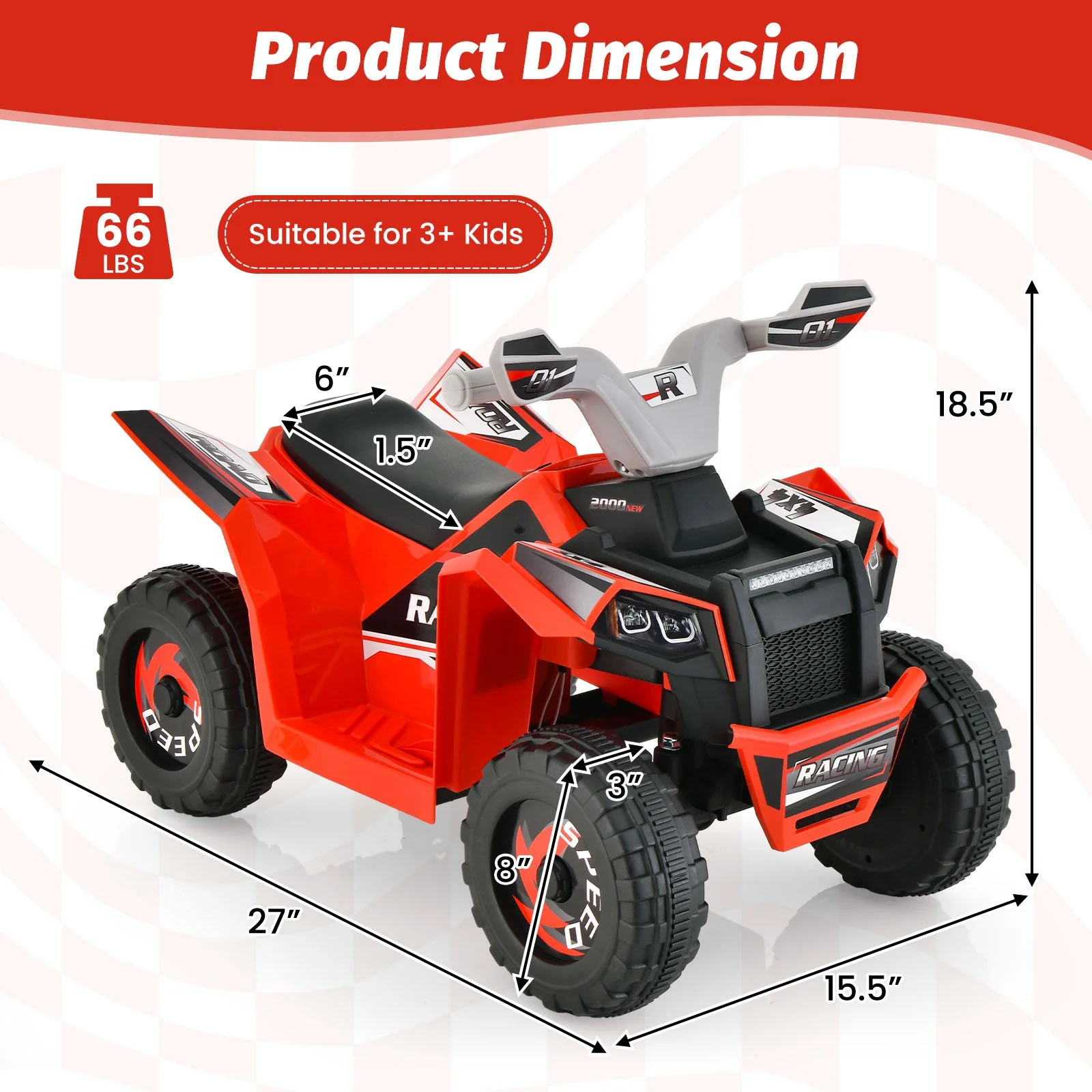 Kids Ride on ATV 4 Wheeler Quad Toy Car with Direction Control-Red - Image 5