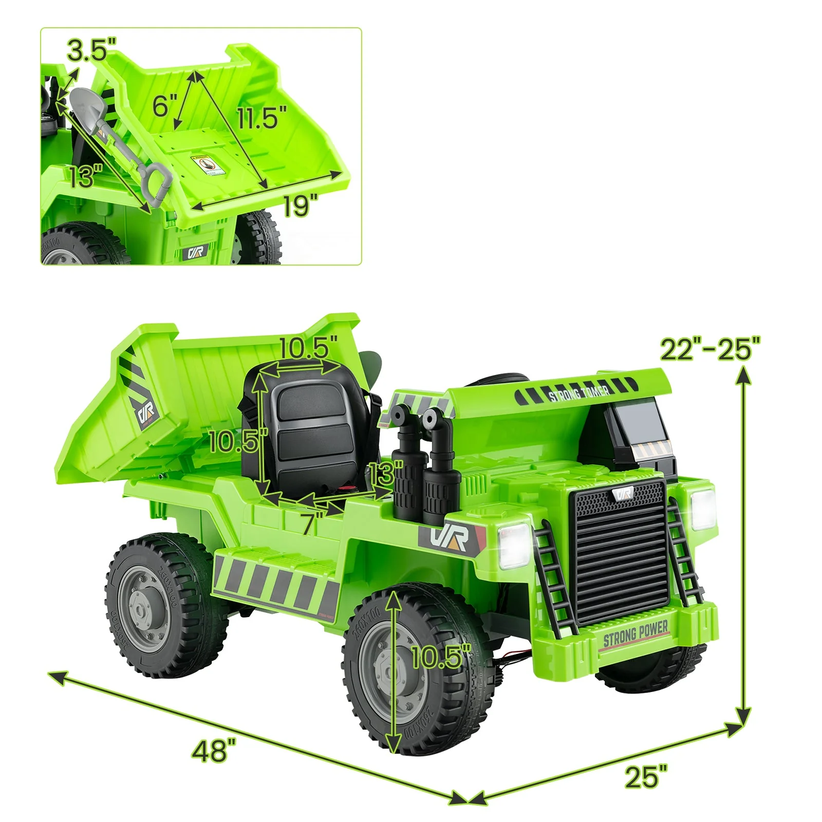 Kids Ride on Dump Truck 12V Ride on Car with Electric Dump Bed-Green - Image 4