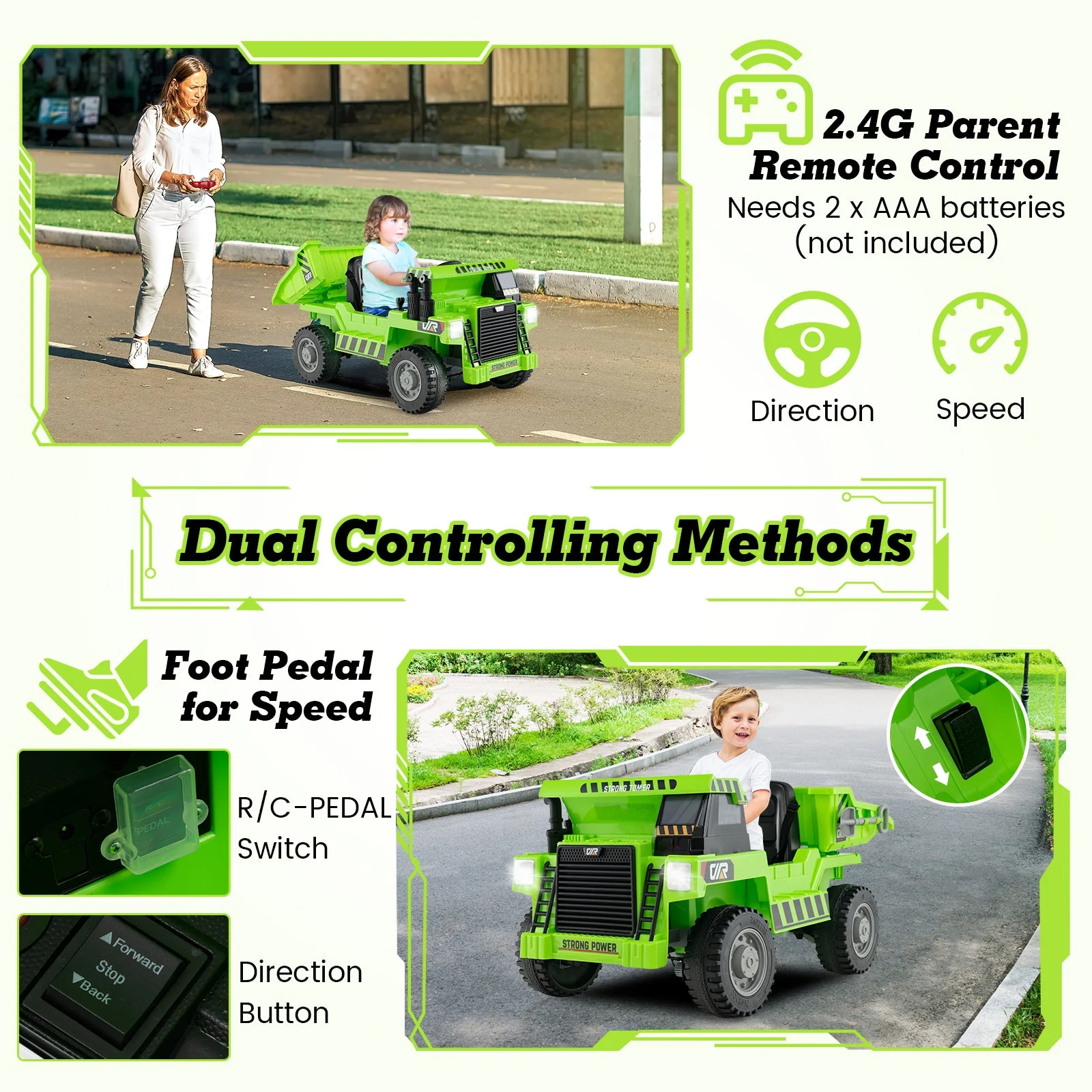 Kids Ride on Dump Truck 12V Ride on Car with Electric Dump Bed-Green - Image 7