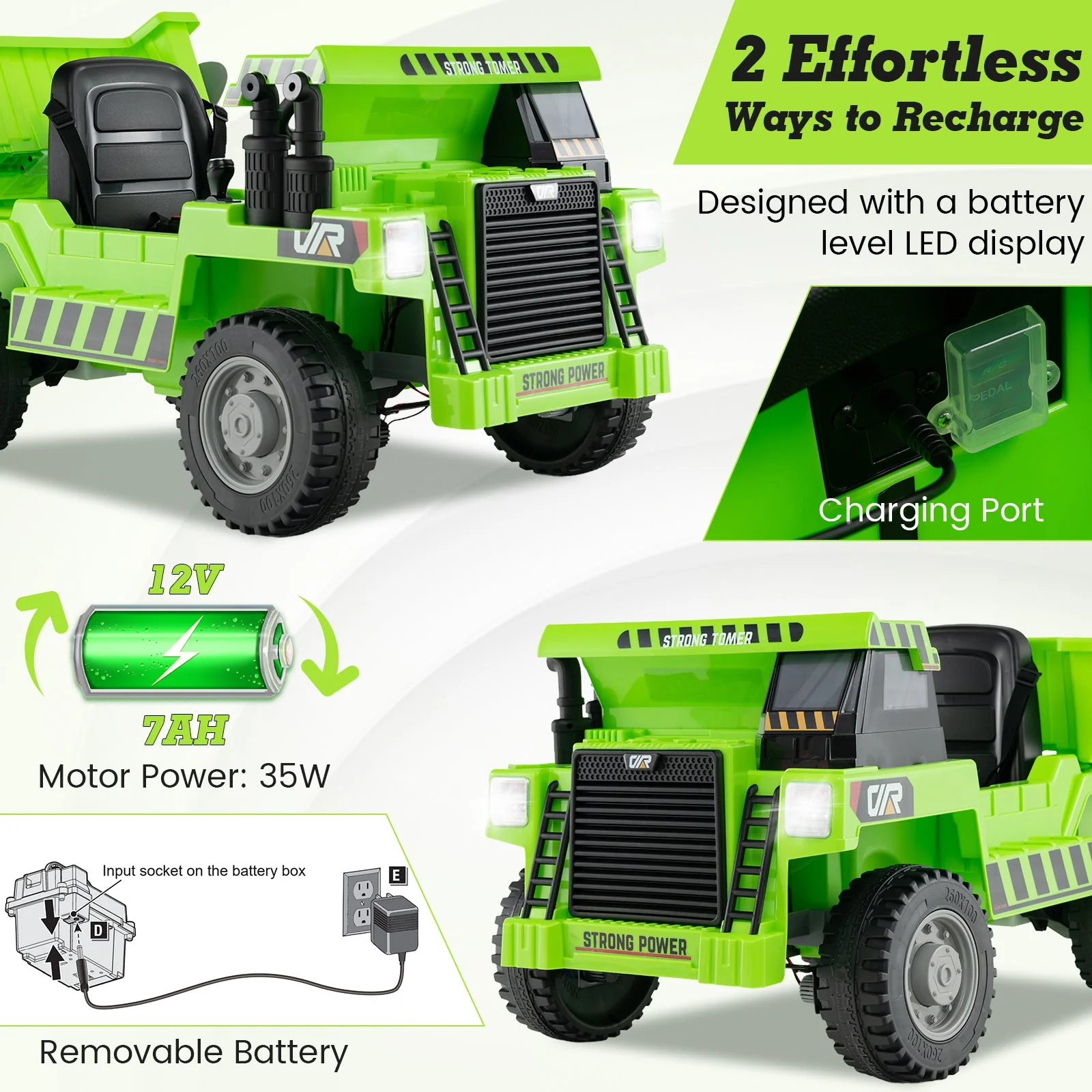 Kids Ride on Dump Truck 12V Ride on Car with Electric Dump Bed-Green - Image 8