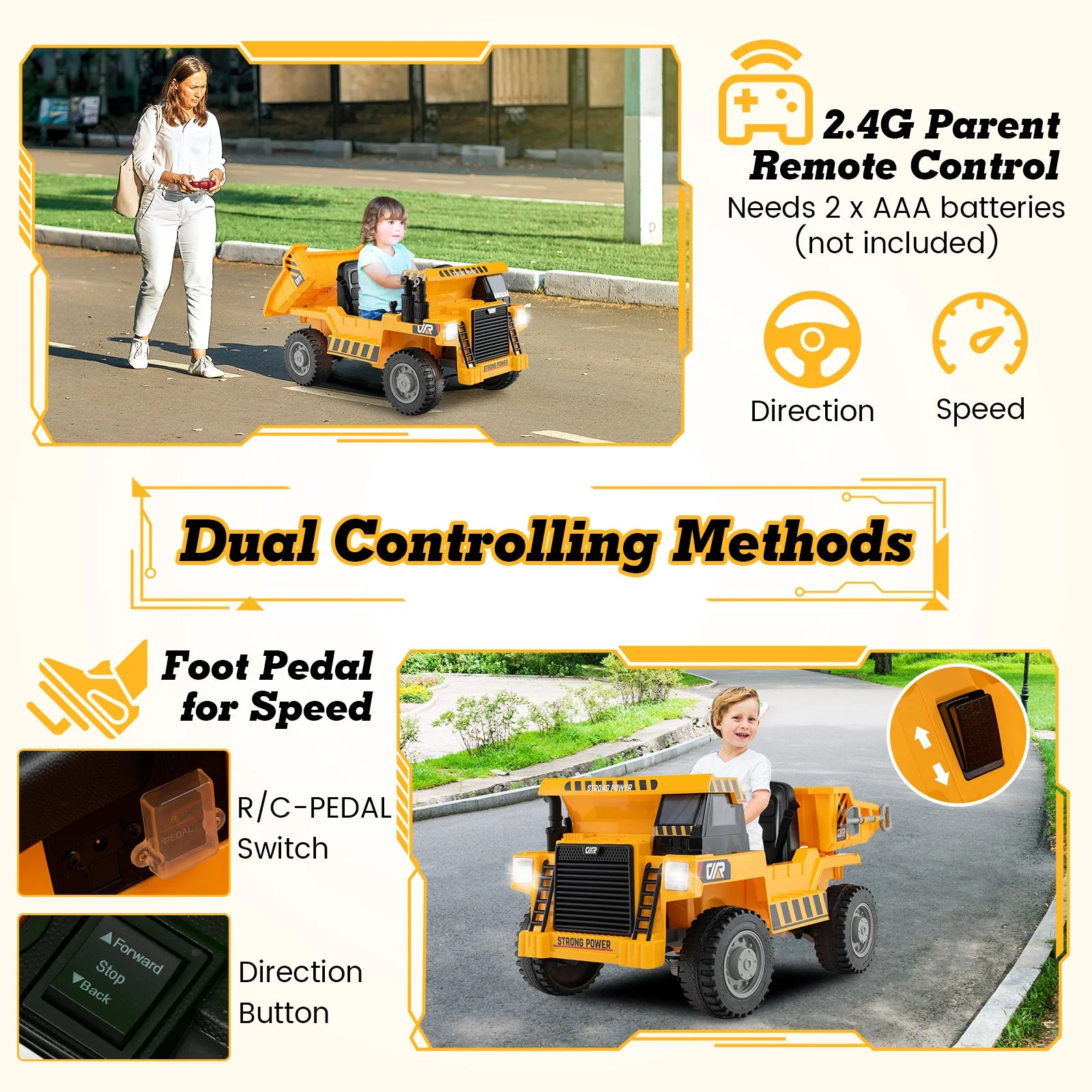 Kids Ride on Dump Truck 12V Ride on Car with Electric Dump Bed-Yellow - Image 7