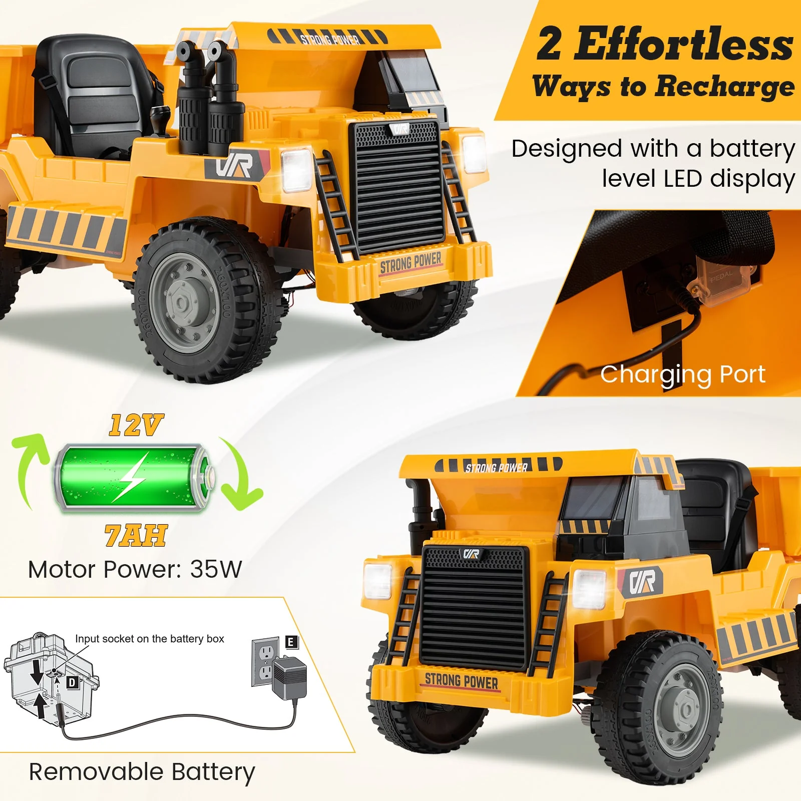 Kids Ride on Dump Truck 12V Ride on Car with Electric Dump Bed-Yellow - Image 8