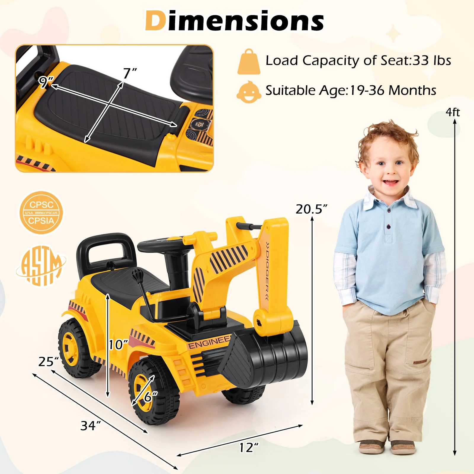 Kids Ride on Excavator with Adjustable Shovel-Yellow - Image 4