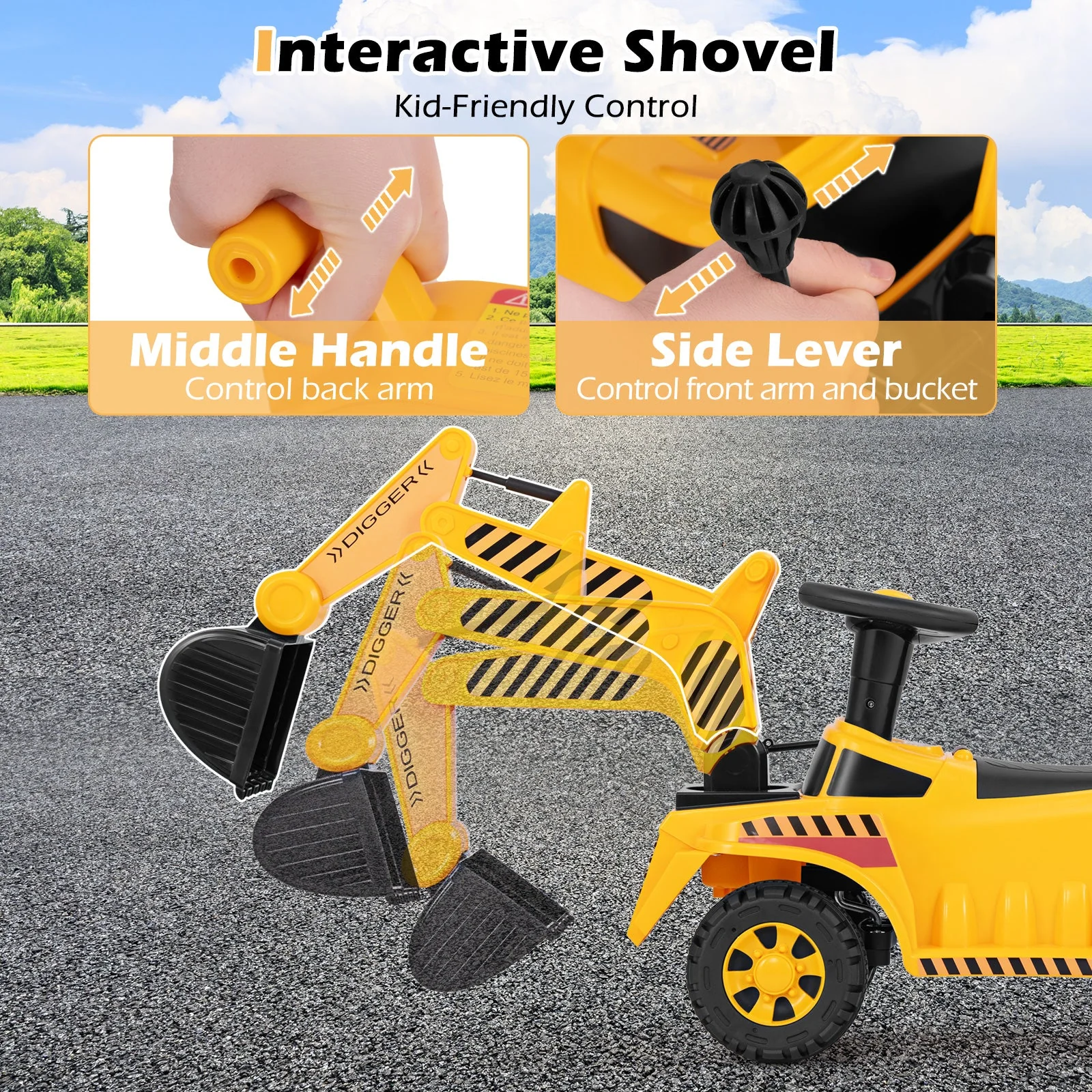 Kids Ride on Excavator with Adjustable Shovel-Yellow - Image 5