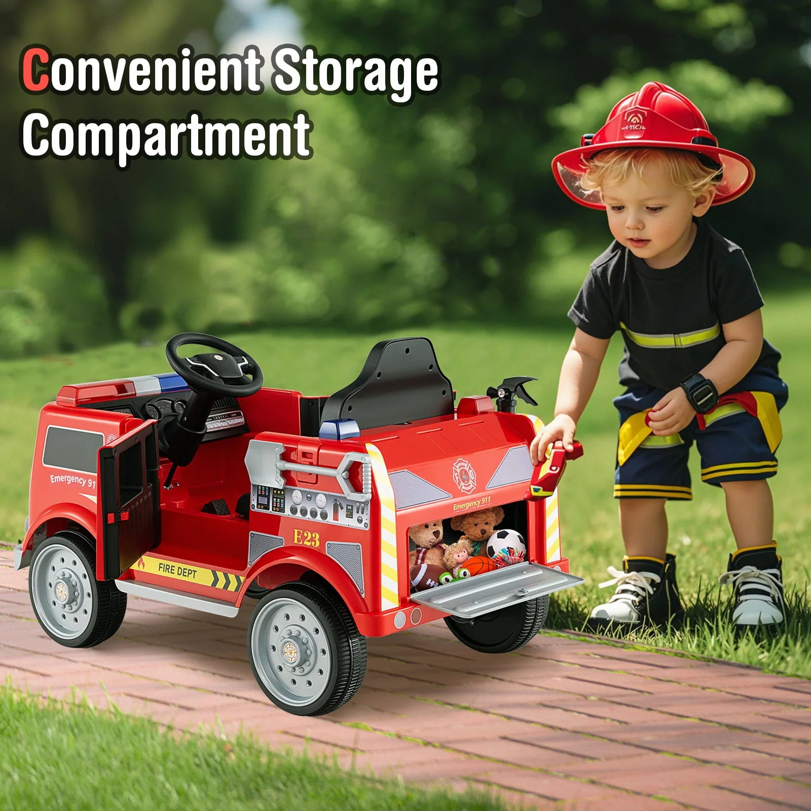 Kids Ride on Fire Truck with Remote Control and Extinguisher-Red - Image 2