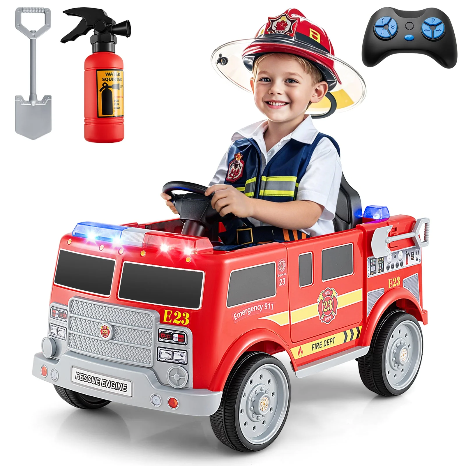 Kids Ride on Fire Truck with Remote Control and Extinguisher-Red - Image 7