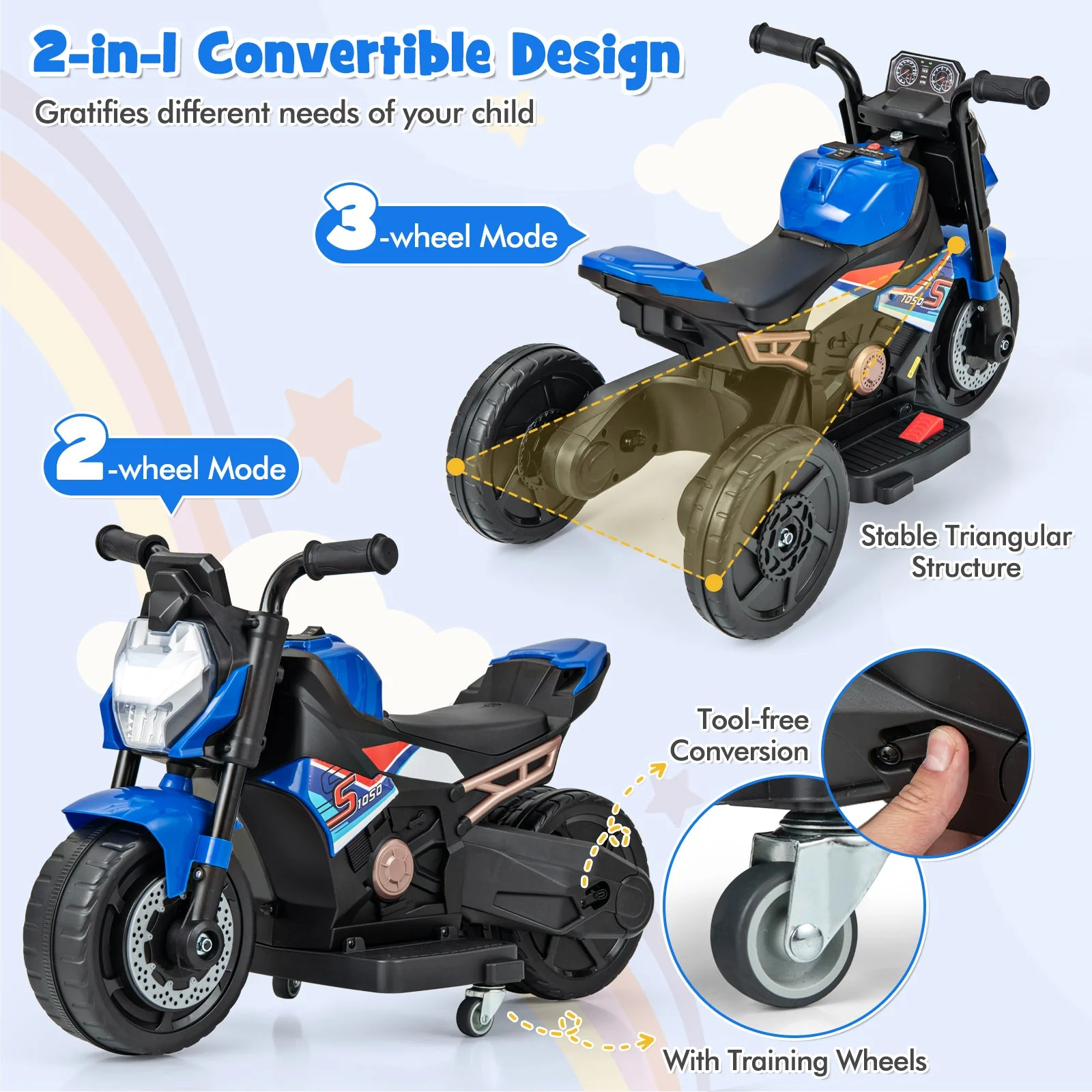 Kids Ride-on Motorcycle 6V Battery Powered Motorbike with Detachable Training Wheels-Blue - Image 5