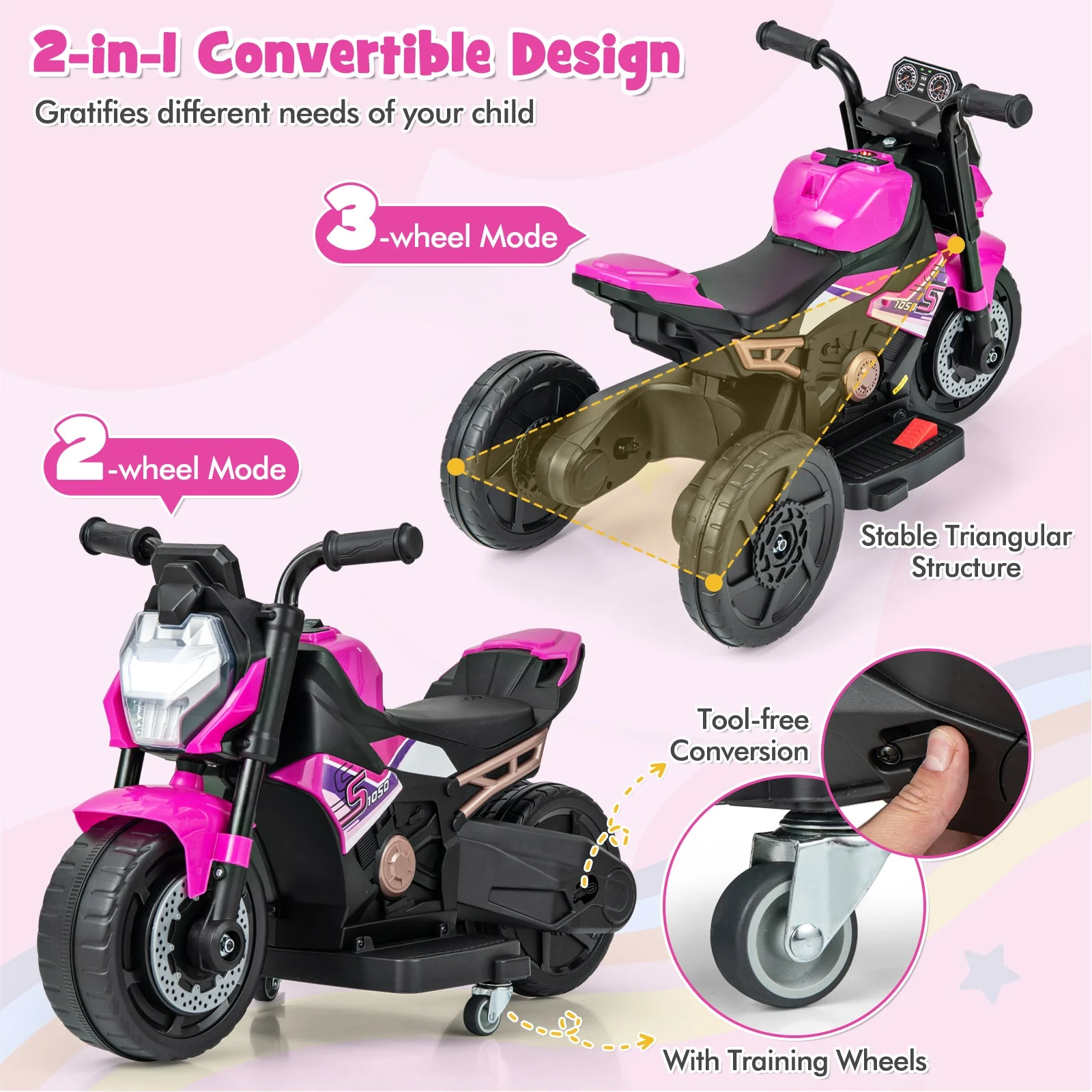 Kids Ride-on Motorcycle 6V Battery Powered Motorbike with Detachable Training Wheels-Pink - Image 5
