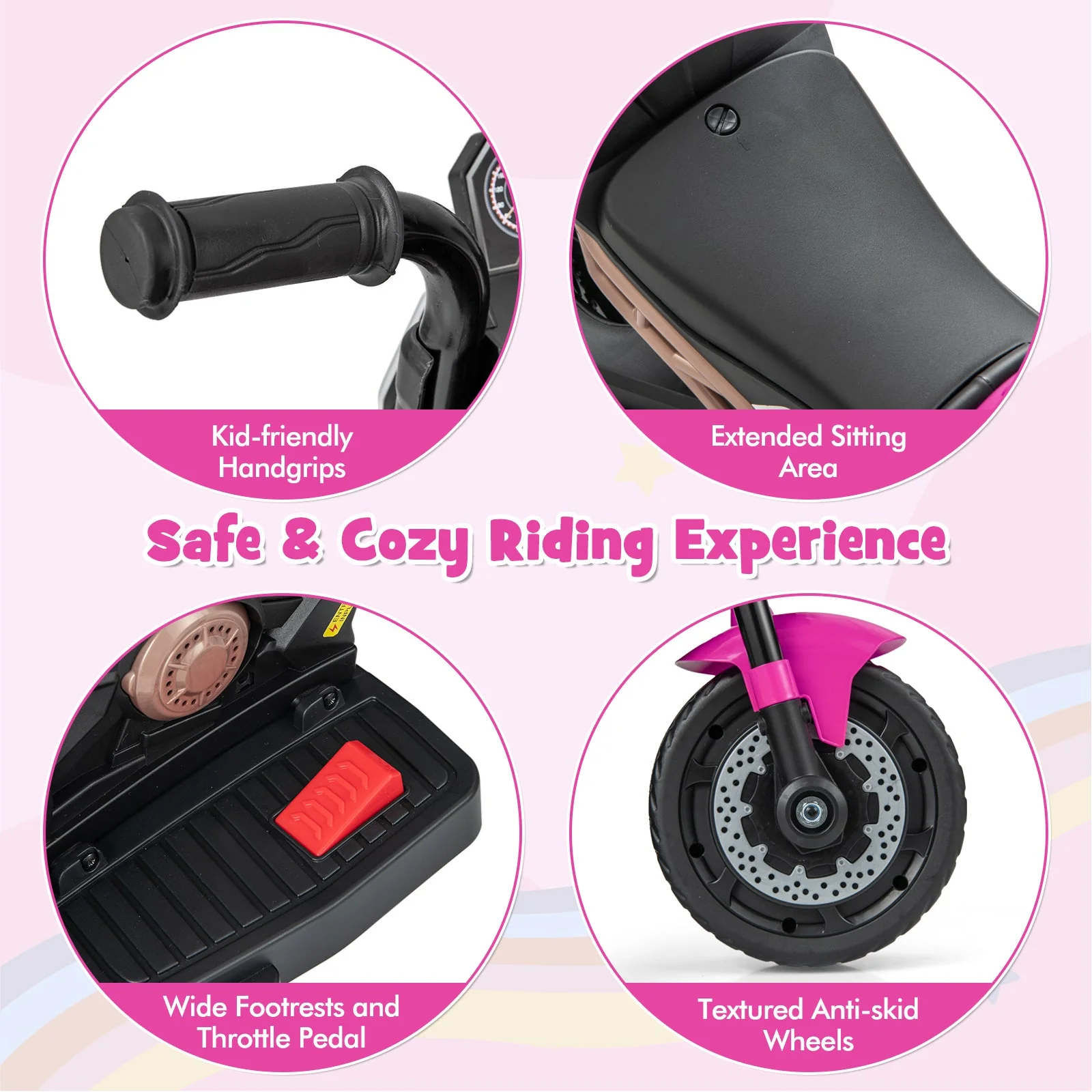 Kids Ride-on Motorcycle 6V Battery Powered Motorbike with Detachable Training Wheels-Pink - Image 8