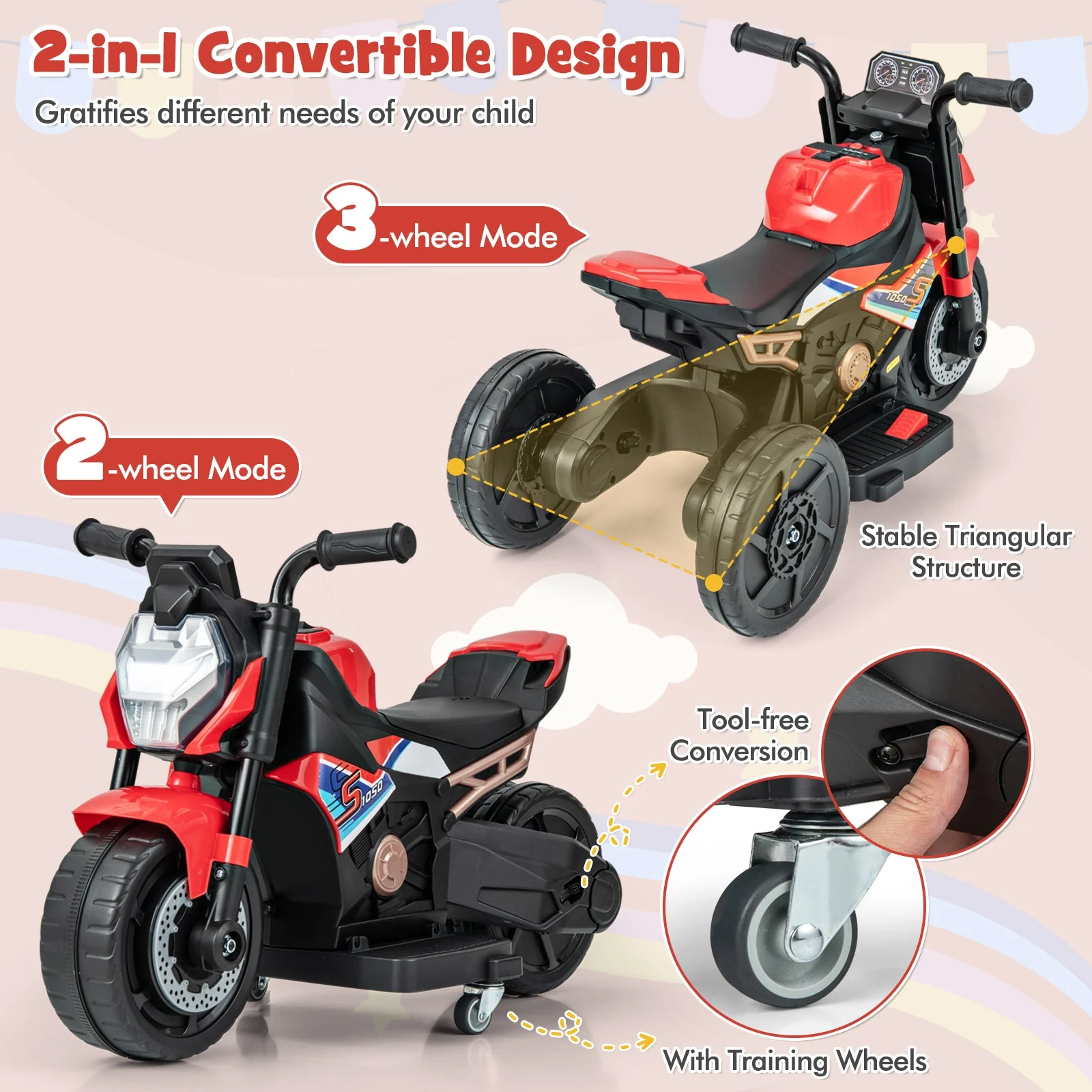 Kids Ride-on Motorcycle 6V Battery Powered Motorbike with Detachable Training Wheels-Red - Image 5