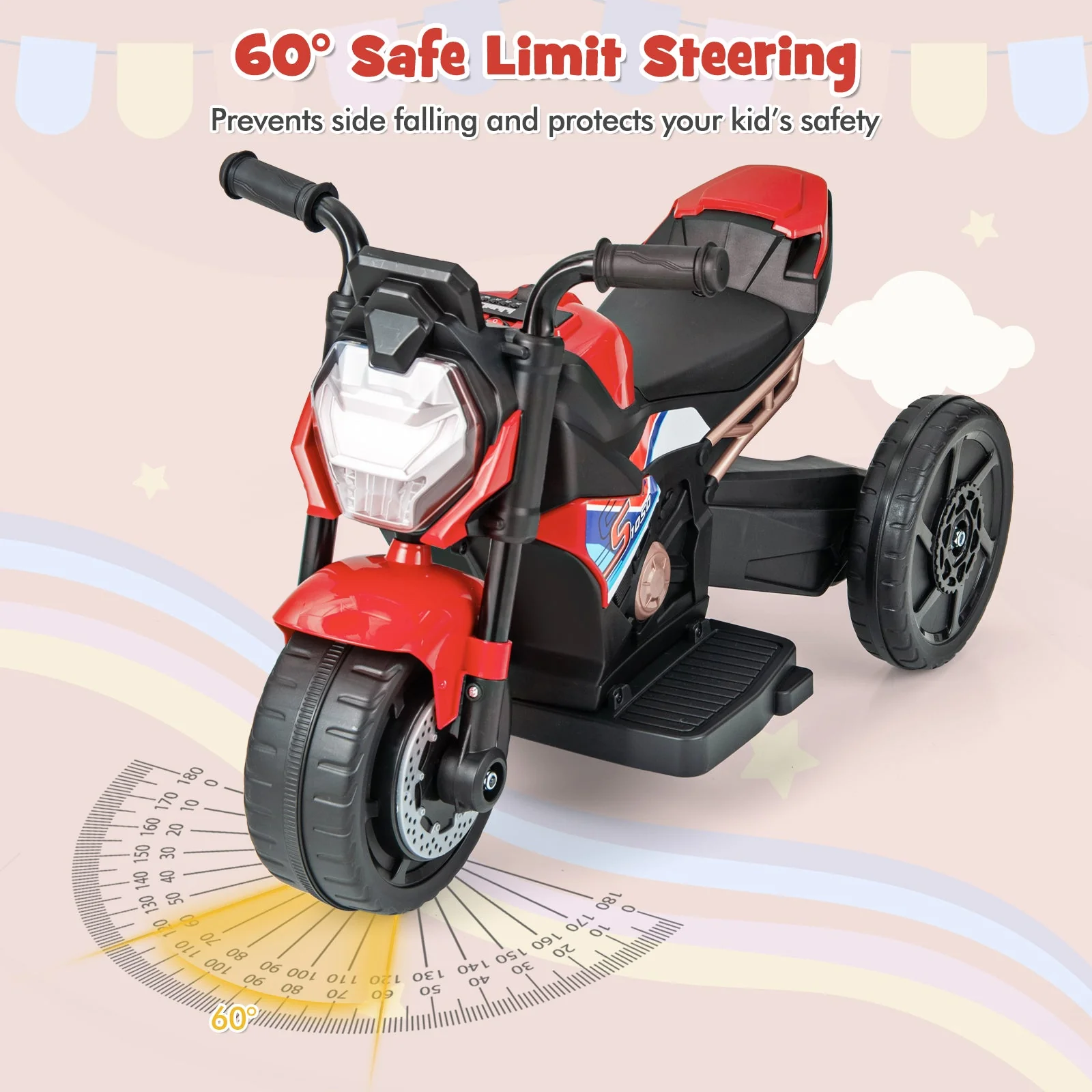 Kids Ride-on Motorcycle 6V Battery Powered Motorbike with Detachable Training Wheels-Red - Image 6